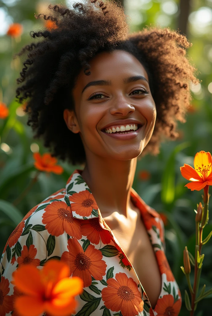 A Brazilian woman in a lush tropical garden, wearing an open shirt with a floral print, with a close-up capturing the harmonious beauty between her breasts and the natural flowers, showing off your natural charm and outgoing personality.