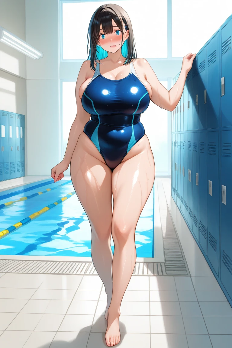 Blue school swimsuit、(masterpiece、Highest quality)、Highest quality, Ultra-high resolution, (((masterpiece))), alone, Sweat、Big eyes, Composition from the front、Shortcuts、Embarrassed face、blonde、Cut your hair short、School swimming pool、short hair、Pussy Line、Browsing Caution、Butt