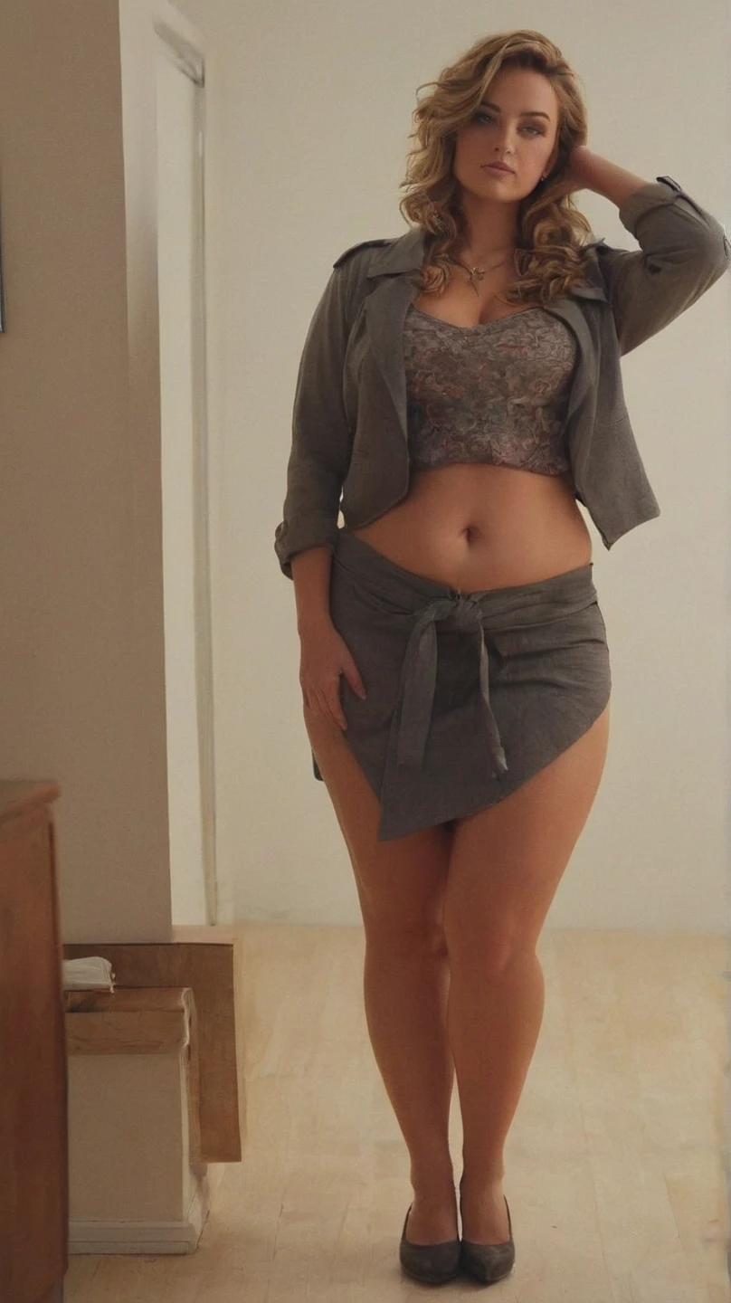 Mature Caucasian Woman、Wear an oversized shirt over a naked body、Thighs bare、Pull the bottom of your shirt up to cover your crotch、shame、blush、Looking up