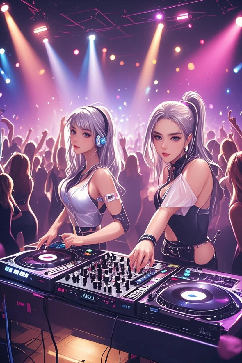 (ultra - detailed, 16K resolution, Cinema lenses, rendering by octane), (high resolution:1.18), intricate detail, (masterpiece:1.1), (highest quality:1.1), (1girl, portrait, white hair, blue eyes, short hair, detailed eyes),Wearing silver DJ headphones, Shiny silver sequined T-shirt, (Iconic hip-hop pop costumes:1.3), Smile while DJing on stage, full body shot of, The spotlight shines on the female DJ. Photorealistic photography by Disco Lighting, (cute round face:1.3), perfect fingers, five fingers, beautiful hands, perfect hands. master peace, cute smile.