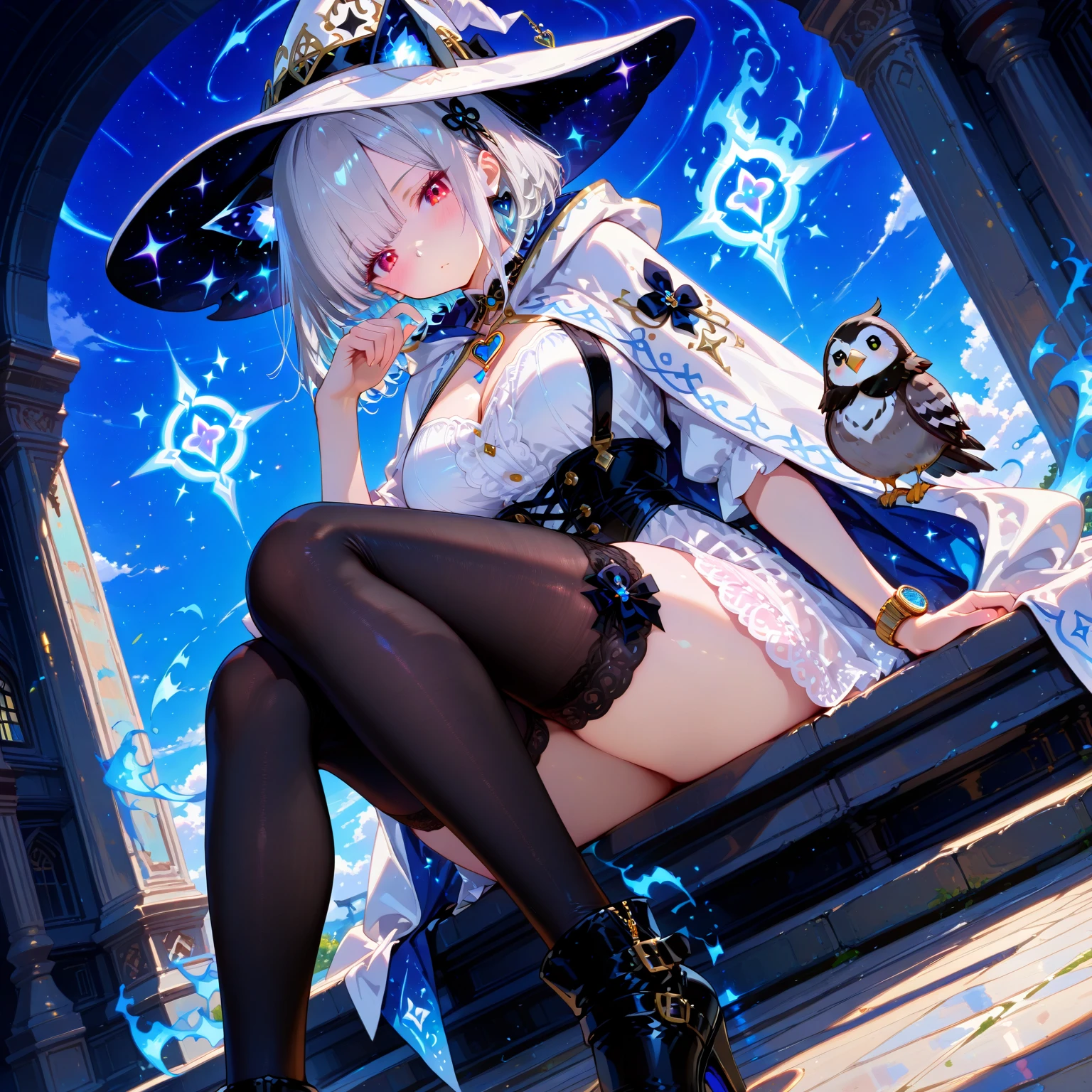 masterpiece, best quality, eula \(genshin impact\), 1girl, solo, thighhighs, weapon, gloves, breasts, sword, hairband, necktie, holding, leotard, bangs, greatsword, cape, thighs, boots, blue hair, looking at viewer, arms up, vision (genshin impact), medium breasts, holding sword, long sleeves, holding weapon, purple eyes, medium hair, copyright name, hair ornament, thigh boots, black leotard, black hairband, blue necktie, black thighhighs, yellow eyes, closed mouth, <lora:reisalin stout_hardpruned:1>