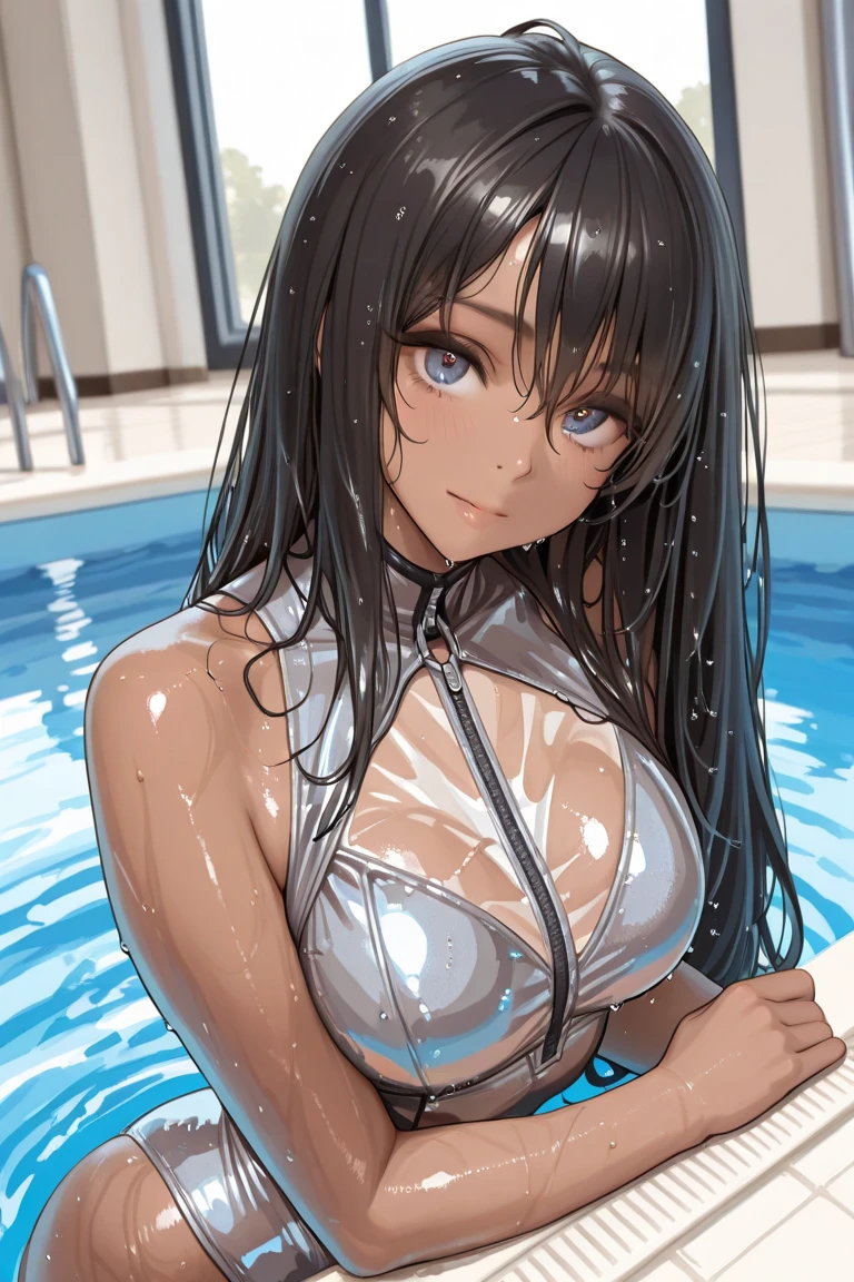 Tear mole(From above,Looking up at the viewer,Eyes focus:1.5),(Ideal body proportions:1.4),(highest quality、expensiveディテール:1.1、Very attractive adult beauty、Add strong highlights to the eyes、Backwards、Looking Back、A beautiful woman with adult charm、Perfect ???????、Silver Hair、Long Hair、Shiny Hair、Lip gloss),1 girl, alone, Realistic、Please tilt your head a little, short and Shiny Hair、  Ridiculous Swimsuit、Small swimsuit，bangs、Big eyes、eyelash、Face is a little red、Embarrassing)、((sit,Pool、On the floor))、Big eyes、Give students a very strong highlight、(Huge breasts,Saggy breasts:1.5}、Very large detailed breasts、Very beautiful beauty、Please lend me your ear、Long neck、Smile a little、Beautiful Teeth、Open your mouth and laugh、Heart shaped eyes))、(30 years old、Very cute supermodel:1.2)、expensive、 (Put your arms behind your back:1.5),（Sculptural installation、whole body：1.2）Open your mouth and stick out your tongue　Ecstatic expression　transformation　Looking up　Open your mouth wide, stick out your tongue and drool　Short Bob　Cross-eyed　Ahegao　Unfocused eyes　Spread your legs　Spread your legs wide　青いSmall swimsuit　白Small swimsuit　赤いSmall swimsuit　紫のSmall swimsuit