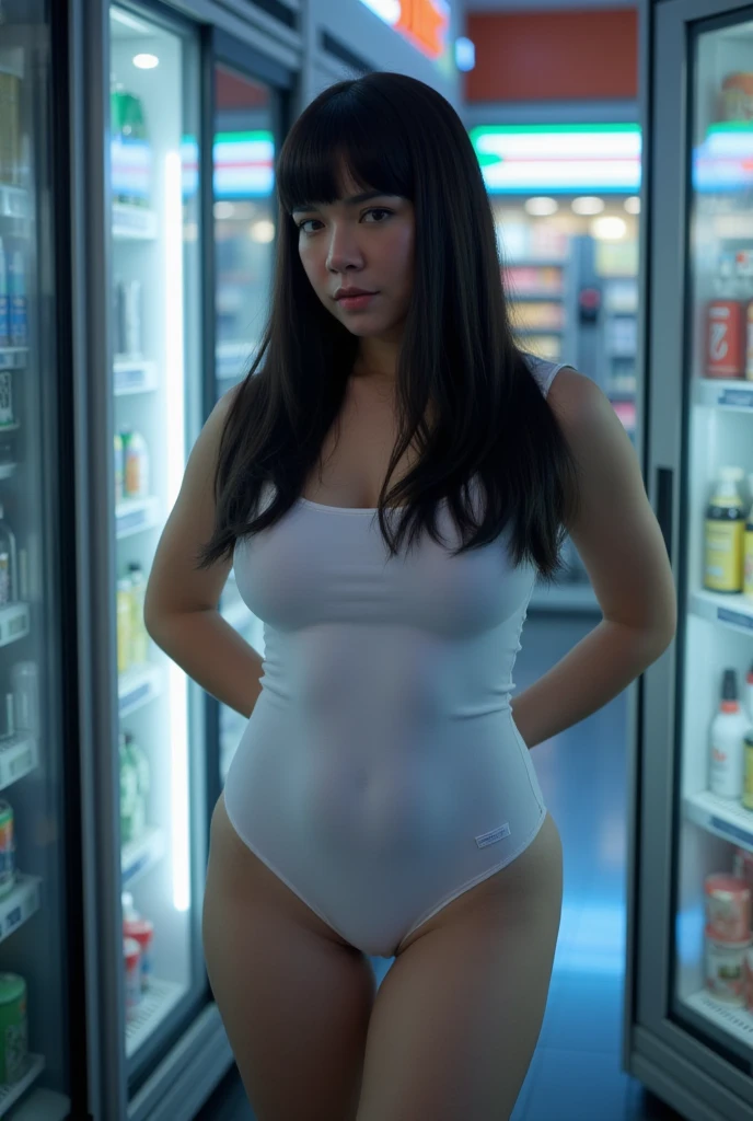 beautiful girl, Half Thai-Chinese face. The figure is a cyberpunk robot, wearing a large, long-sleeved shirt, no bra, and going to the beach in thin., She has white skin, long-haired, bangs, And put red lipstick on her lips. He has tattoos all over his body., His body is wet., His shirt is wet..