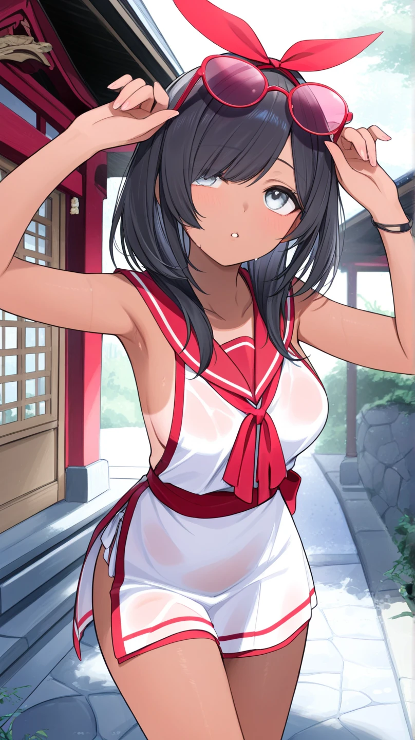 {best quality}, {ultra-detailed}, {best illustration}, nsfw, middle breasts, nipple, pull down the shoulder strap, piece of clothing removed, woman wearing a traditional Japanese school swimsuit, dark blue swimsuit, thigh highs, sox, embarrassed, worrying about her Medium breasts and buttocks, touch breasts or hip, pulls off her own swimsuit and checks her body, evening sun, Japanese room, nude