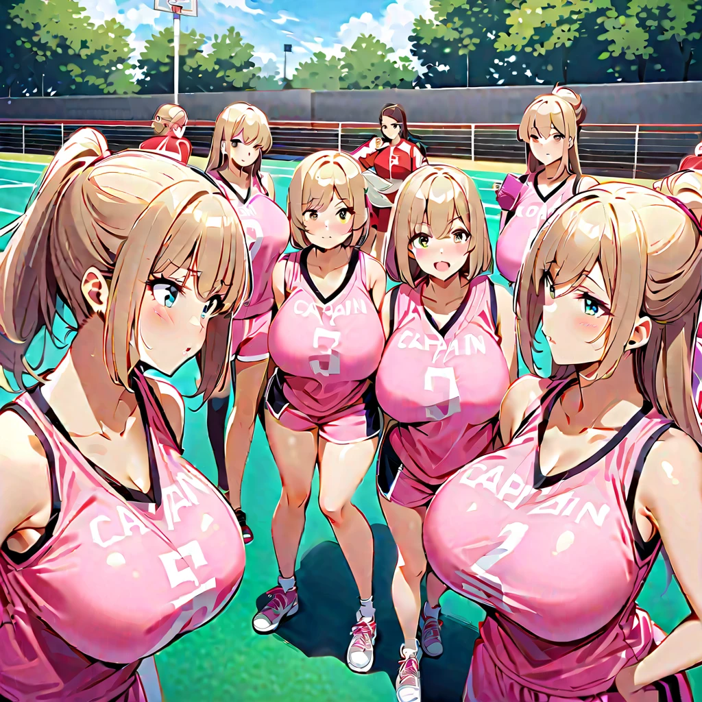 best quality, 4k, masterpiece, ultra-detailed, studio lighting, cheerful, vibrant expression, ((sexy tennis player trio lined up)), gigantic breasts, cleavage of the breast, a blond, teats, thighs thighs thighs thighs, white uniform, very small uniform, uniform was wet, Dark skin, ladies, Brown hair, curvy body, ((sfw:1.3)), anime cels style,