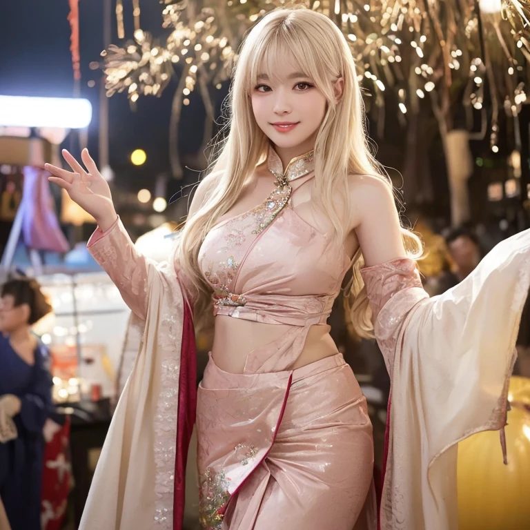 (highest quality、Tabletop、8k、Best image quality、Award-winning works)、One woman、Gal princess、(Pink blonde:1.1)、(Pink Hair:1.1)、Christmas decorated cityscape background、Christmas tree in the background、Christmas gifts on background、(Gorgeous white and gold princess dress:1.1)、(A top-class princess dress with extremely intricate and beautiful decorations:1.1)、(The most extravagant and luxurious giant tiara:1.1)、(The most luxurious and luxurious giant necklace:1.1)、(The most extravagant and luxurious giant jewellery:1.1)、Spectacular Cinema Lighting、Cleavage、Voluptuous body、(Gorgeous Christmas present:1.1)、(Giant Christmas Tree:1.1)、Perfect Makeup、Long eyelashes、Beautiful lipstick、Big ample breasts、The happiest and biggest smile、ロマンティックなChristmas Nightの街、Gorgeous illumination、Delicate and intricate brilliance、Gorgeous Christmas streetscape、Snow piled up in the city、(It's snowing:1.1)、White Christmas、Romantic evening、Christmas Night、(Perfect Anatomy:1.1)、(幻想的でロマンティックなChristmas Night:1.1)、Soft and delicate light、Tyndall effect、Beautiful sparkling snow