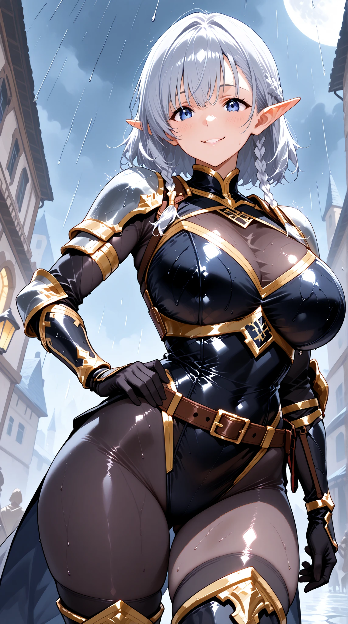 masterpiece, best quality, extremely detailed, 1girl, mature female, solo, felix argyle, (gigantic breasts:1.1), (((brown hair, very long hair, yellow eyes, slit pupils, cat ears, cat tail))), parted lips, (((covered collarbone, darkmage, bodystocking, cleavage, black gloves))), ((blush, angry), open mouth, fangs), ((hands on own hips, futuristic cityscape, dark sky, storm clouds))