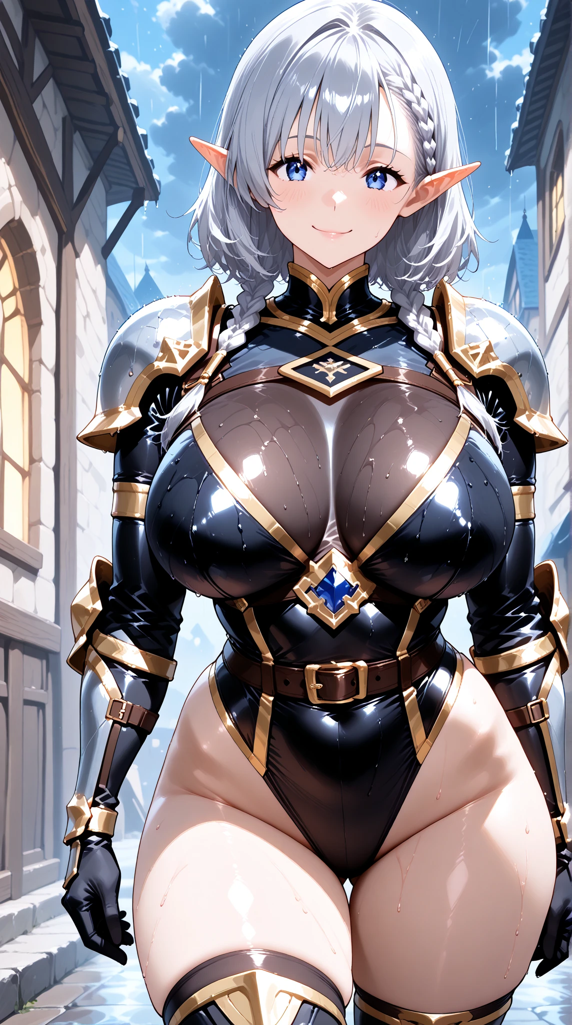 "(masterpiece:1.1), best quality,
1girl, (80s anime style:1.3), (eyelashes:1.5), (:1.2),
(intricate high detailed body:1.2),
(silver hair:1.1), (forehead:1.1), (very short hair, pixie cut:1.1), (animal ears:1.2),
purple eyes,
(slim body:1.1), (gigantic breasts:1.5),
(grin:1.2),
(lace leotard armor, cleavage cutout:1.2), (pantyhose:1.2),
(knight armor, armored boots:1.2), (frill:1.1), (ahoge:1.2), necklace,
standing, arms behind back,
(upper body, cowboy shot, looking at viewer, from front:1.1),
medieval tavern"
