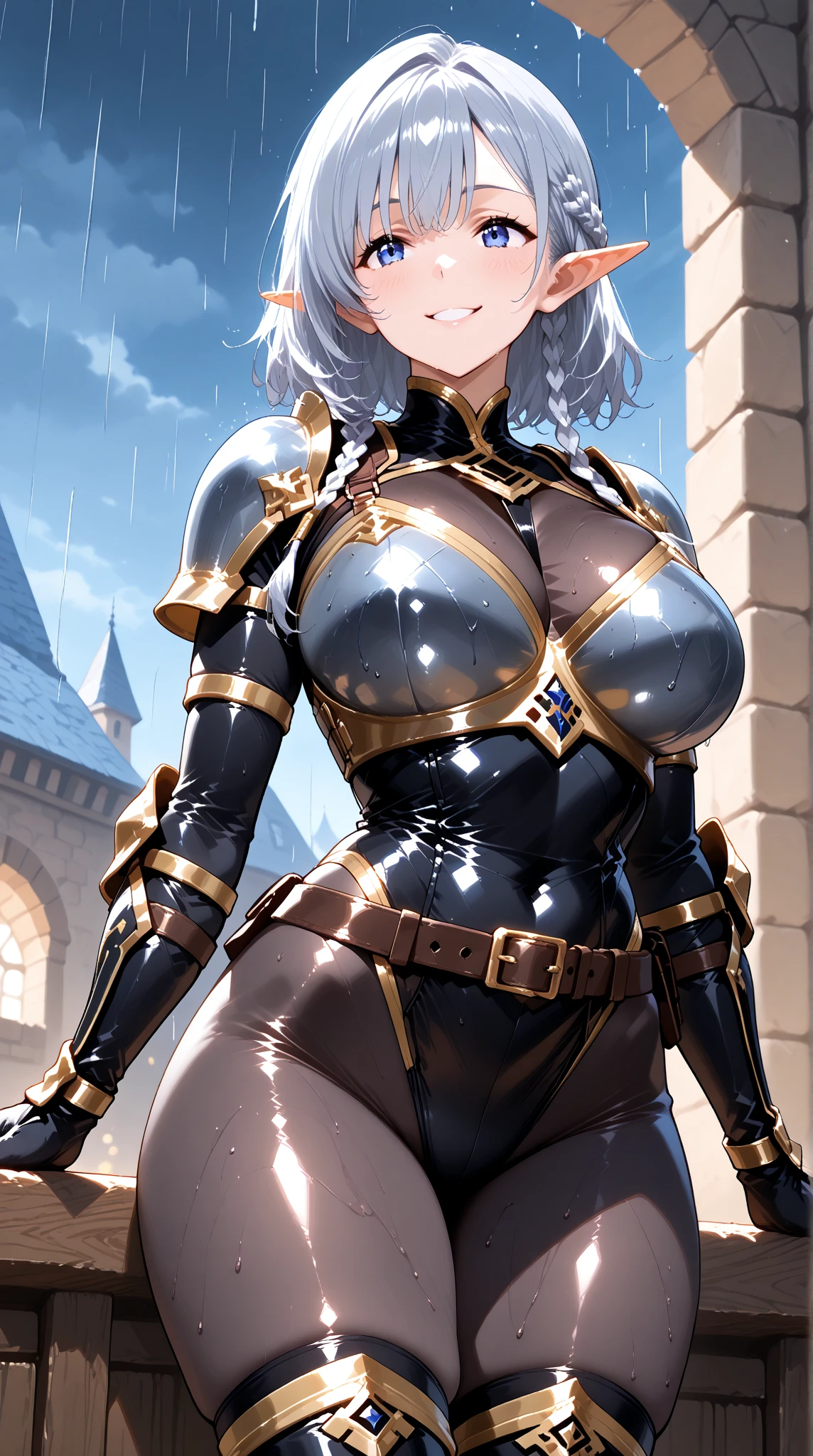 1girl, solo, leaning on white marble wall, sexy face, sexy, cute face, bangs, long hair, look away, shy, nose blush, concept art, freckles, lay light on the wall, passionate, medium breast, fit body, long waist, (thigh gap), wide shoulder, short hair, white hair, hair over one eye, open blue coat, brown gloves, black pants, earrings, seductive, enchanting, (biting lip), erotic
