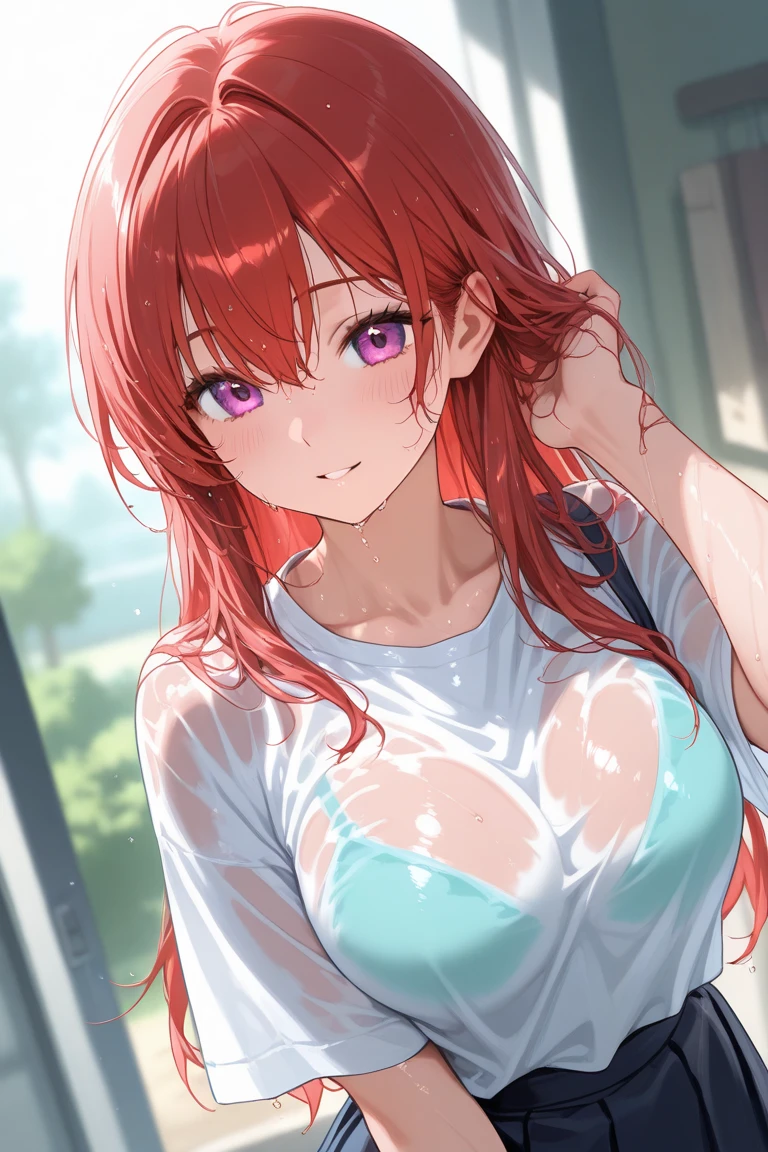 ((Tabletop, highest quality, High resolution, , Pixel perfect, Depth of written boundary, 4K, )), One Girl , Beautiful Anime Girls, Beautiful art style, close, View Viewer, Perfect body, yuigahama yui, Very Long Hair, Pink Hair, hairbun, (Very large breasts), Cleavage, Her breasts are visible through her soaked clothes, Floating nipples,Embarrassed smile, Blank white background, Cowboy Shot,Leg spread