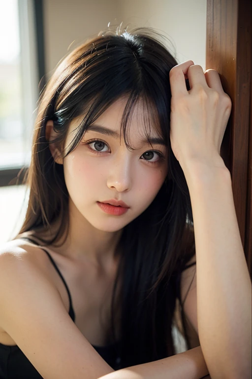 ((Baby Face、Japanese、beautiful girl、G cup size breasts、Tense cleavage))、Highest quality、Highest quality、Masterpiece、Ultra high definition、Realistic、Slender body line、Cute Face、Moisturizing lips、Beautiful straight hair like silk、(I can't see my hands:1.2)、(Gaze at the viewer:1.2、A wistful look:1.3)