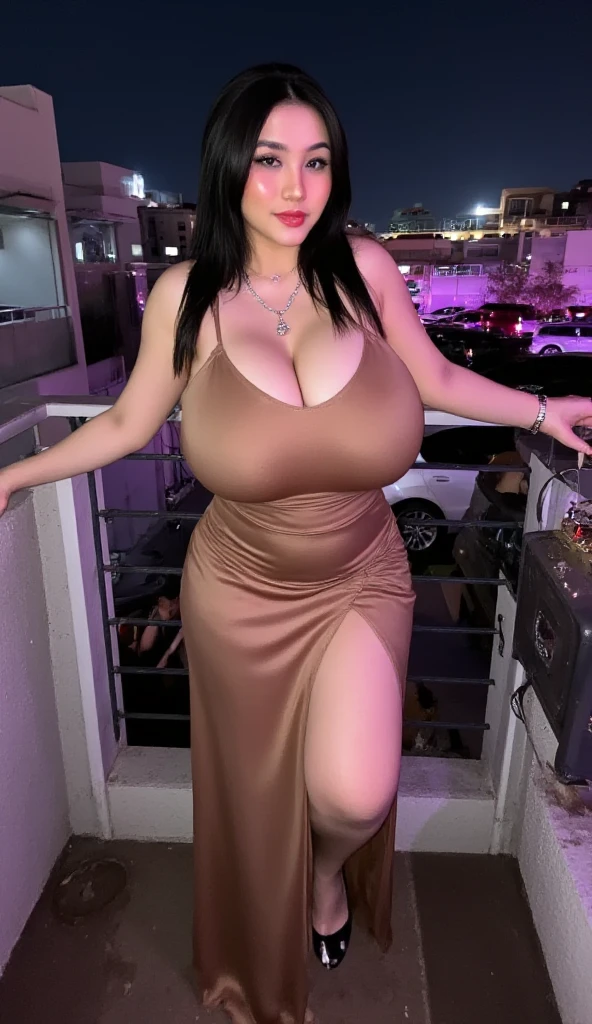arafed woman standing on a balcony, 3 0 years old woman, 30 years old woman, around 20 yo, in las vegas, standing in a dimly lit room, at future neon light rooftop, 1 8 yo, wearing black, 2 3 years old, 2 8 years old, Big tits, huge tits, no clothes, sexy, cute, wide hips, thick thighs, pear-shaped body, minimal clothes, thick, extra wide hips, bbw, wide girl, giant tits, tits busting out, nipple showing, spilling out the side, sideboob, fat showing, minimal clothes, thick, thicc, upper body zoom, showing waist, hard nipples, see through top, down to knees only