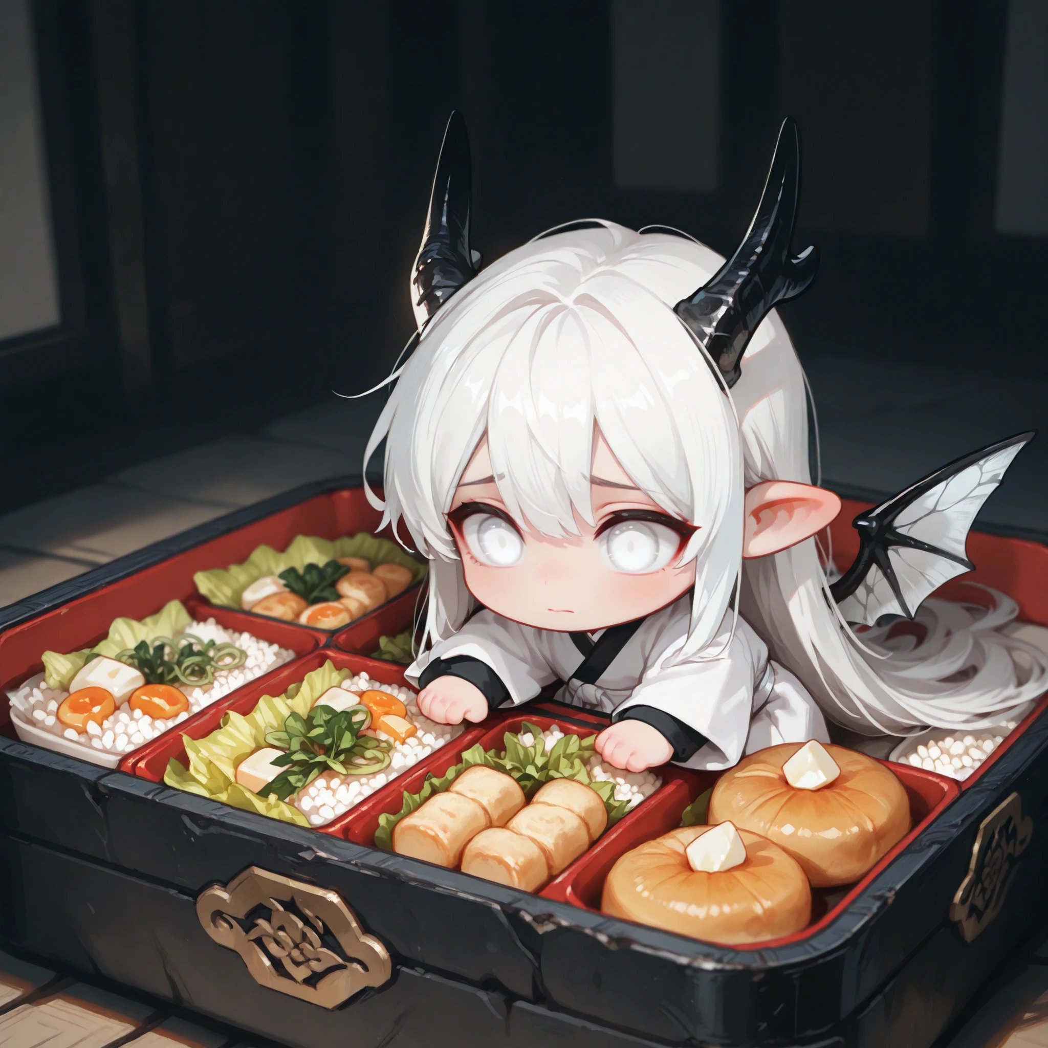 (masterpiece, high quality, ultra-detailed), chibi, solo, 1 boy, close-up, cinematic lighting, dramatic,
male fairy, handsome, long hair, hip-length hair, white hair, white eyes with black outlines, detailed eyes, soft smile, traditional korean male outfit, white hanbok with black point, soft wings, eastern dragon's horns,
warm lunchbox, (steamed rice and salad and cute shape nuggets inside lunchbox), worried expression, offering food to viewer
