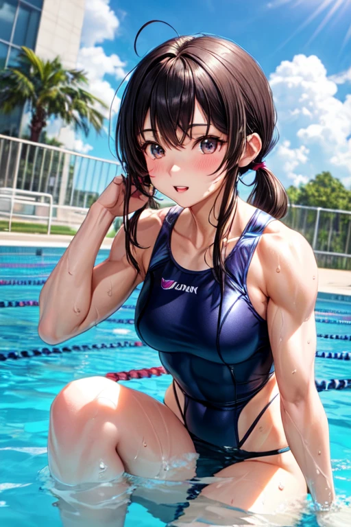 Wheat skin, Cute face, , 15 years old, Long Hair, Twin tails, Brown Hair, White swimsuit, Pool, Small breasts, Toned body, Toned Abs, Pointed nipples, uhd, retina, masterpiece, ccurate, anatomically correct, textured skin, super detail, high details, high quality, best quality, highres, 4K