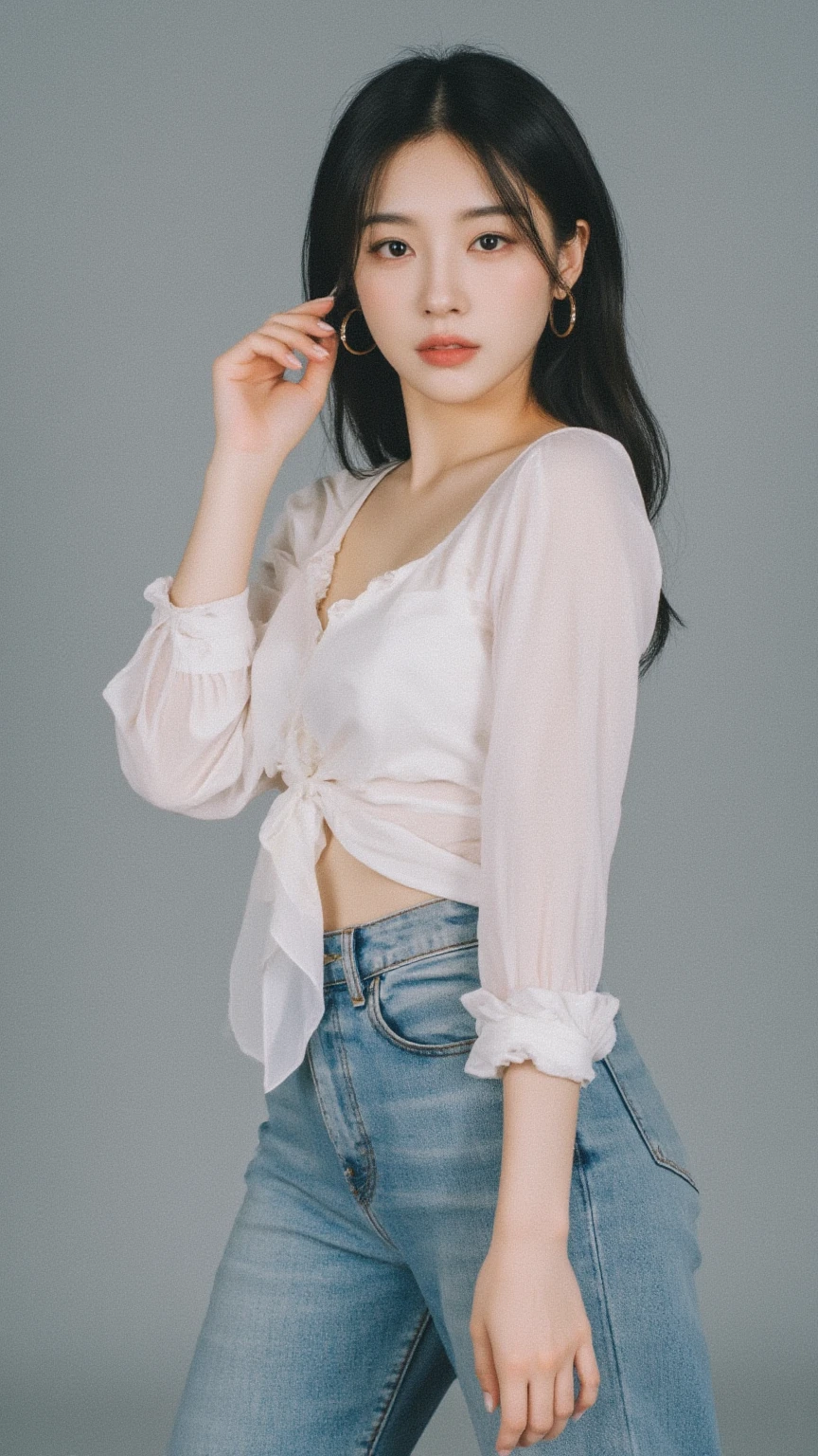 Close-up of a beautiful woman in a white blouse sitting on a chair, Gorgeous Young Korean Woman, White clothes are very transparent, My heart is beating fast when I see your loose chest