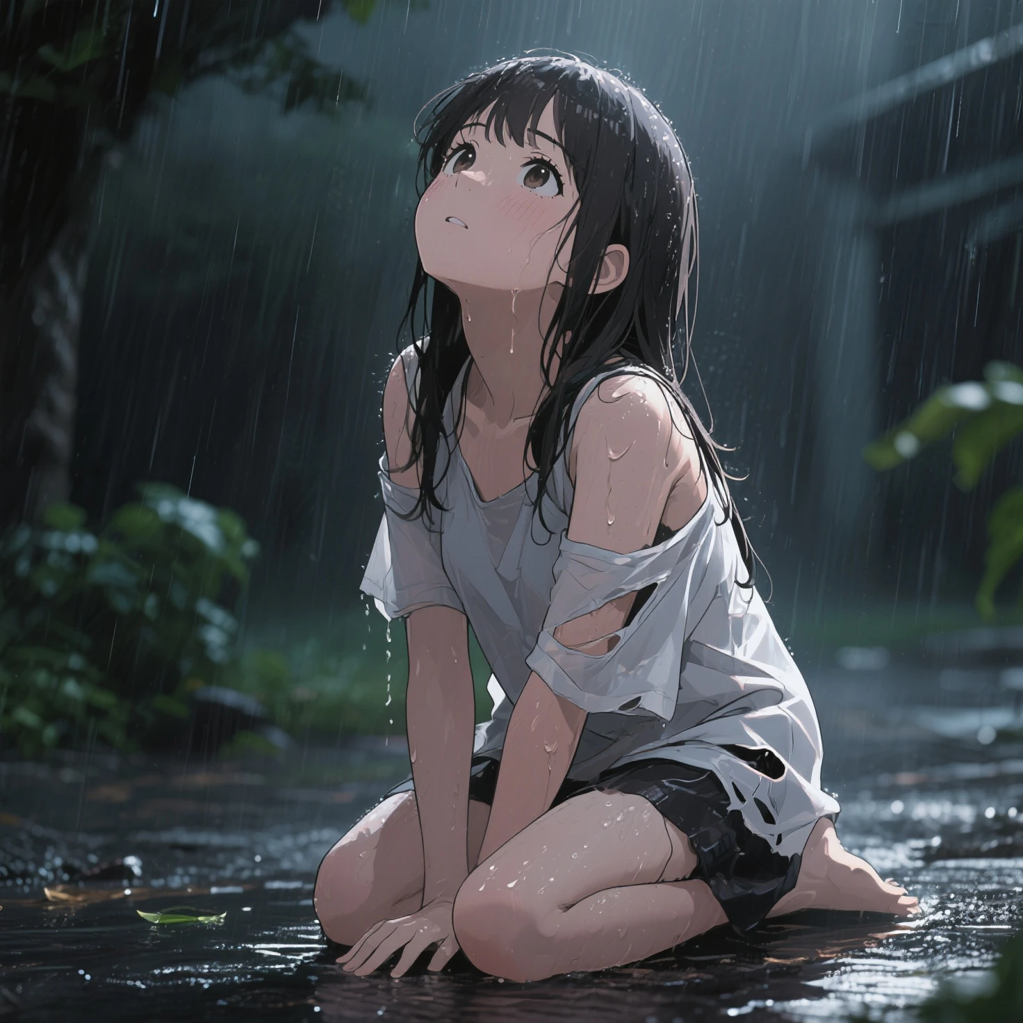 best quality, masterpiece, ultra resolution, (fidelity:1.4), photo, 1 girl, [(sad)]lace, dim, dark, despair, pity, pathetic, movie, tears, teardrops, (torn clothes:1.5), (wet clothes:1.4), bare shoulders, real rain, wet hair,..
