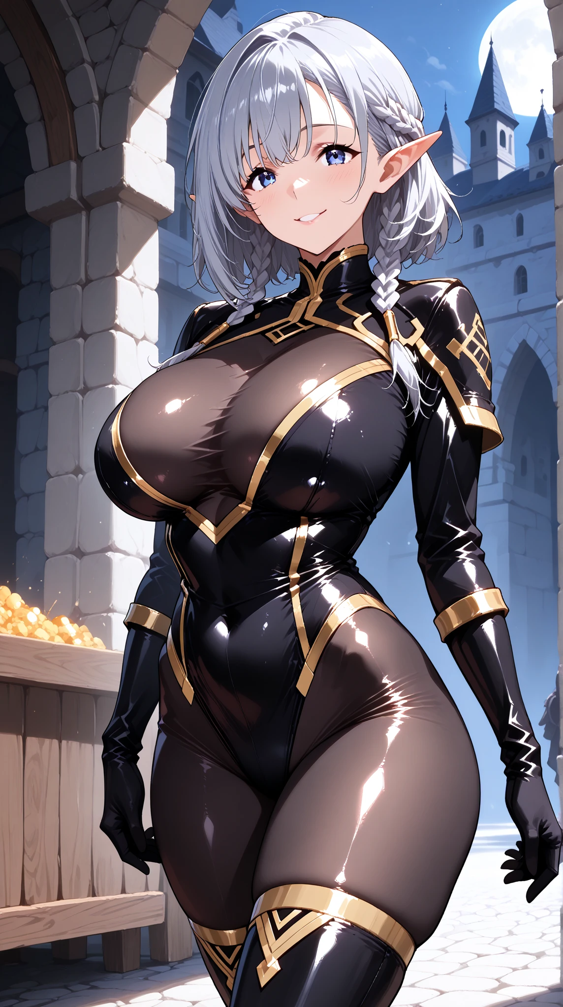 1girl, solo, leaning on white marble wall, sexy face, sexy, cute face, bangs, long hair, look away, shy, nose blush, concept art, freckles, lay light on the wall, passionate, medium breast, fit body, long waist, (thigh gap), wide shoulder, short hair, white hair, hair over one eye, open blue coat, brown gloves, black pants, earrings, seductive, enchanting, (biting lip), ??????
