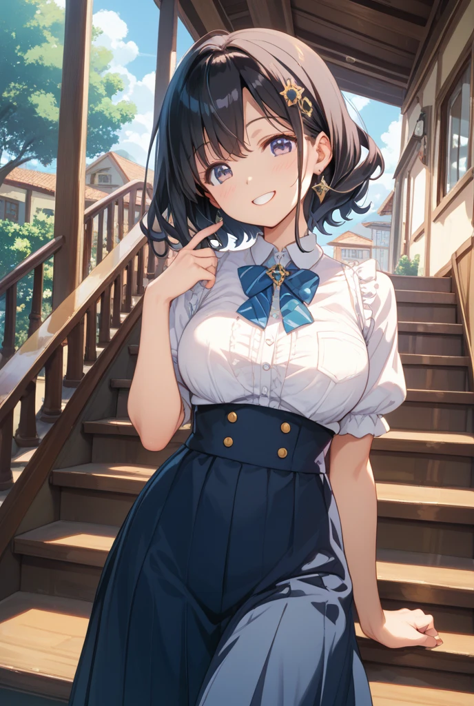 masterpiece, highest quality, High resolution, bb Marine, Twin tails, Heterochromia iridis,, smile, wave hands, Open your mouth, Outdoor、girl