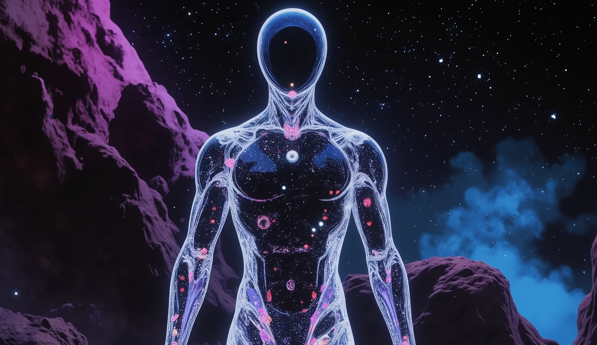 A full-body pose ,front view for a futuristic cosmic male entity floating in deep space, wearing a transparent glass armor that mirrors stars and galaxies, its head is a smooth mirrored sphere without facial features, cosmic starfield visible through body, crystal clear material, space nebula reflections, surreal digital art, photorealistic 3D render, dramatic lighting, deep space background with stars, ethereal and mystical atmosphere epic fantasy meets sci-fi, 1980s retro sci - fi art, Fascinating colorful universe. Comic book style.