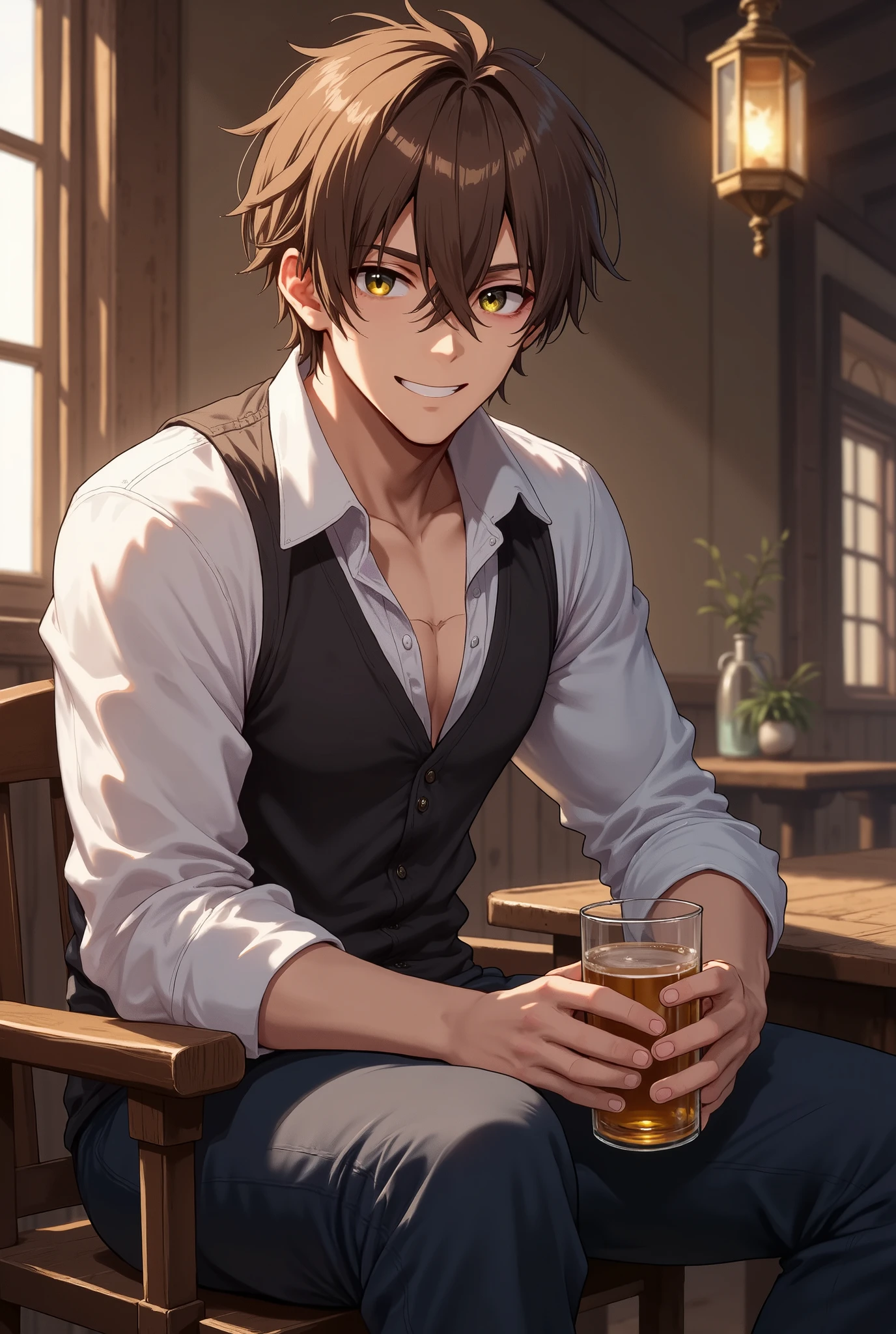 handsome man sitting on a worn wooden tavern stool, camera panned to his side, softly smiling at the viewer with quiet affection, ash brown medium-length messy hair with loose strands falling over his hooded deep-set forest green eyes, well-defined jawline with a faint scar on his lower lip, warm soft lighting from a lantern above casting gentle shadows across his sharp features, slightly tousled noble-meets-peasant style shirt with rolled-up sleeves revealing strong forearms, fingers loosely curled around a half-filled glass mug, tavern background slightly blurred with warm rustic tones and soft bokeh, subtle glint of silver ring peeking from under his collar, his muscular build subtly shown under the fabric, hint of tension in his posture like he’s hiding something, glossy hazy finish, romantic cinematic lighting, intimate softcore atmosphere, emotionally charged gaze, golden hour tones, wistful and vulnerable expression, collarbone slightly visible, image laced with quiet longing and forbidden desire, rpg character portrait, semi-real anime