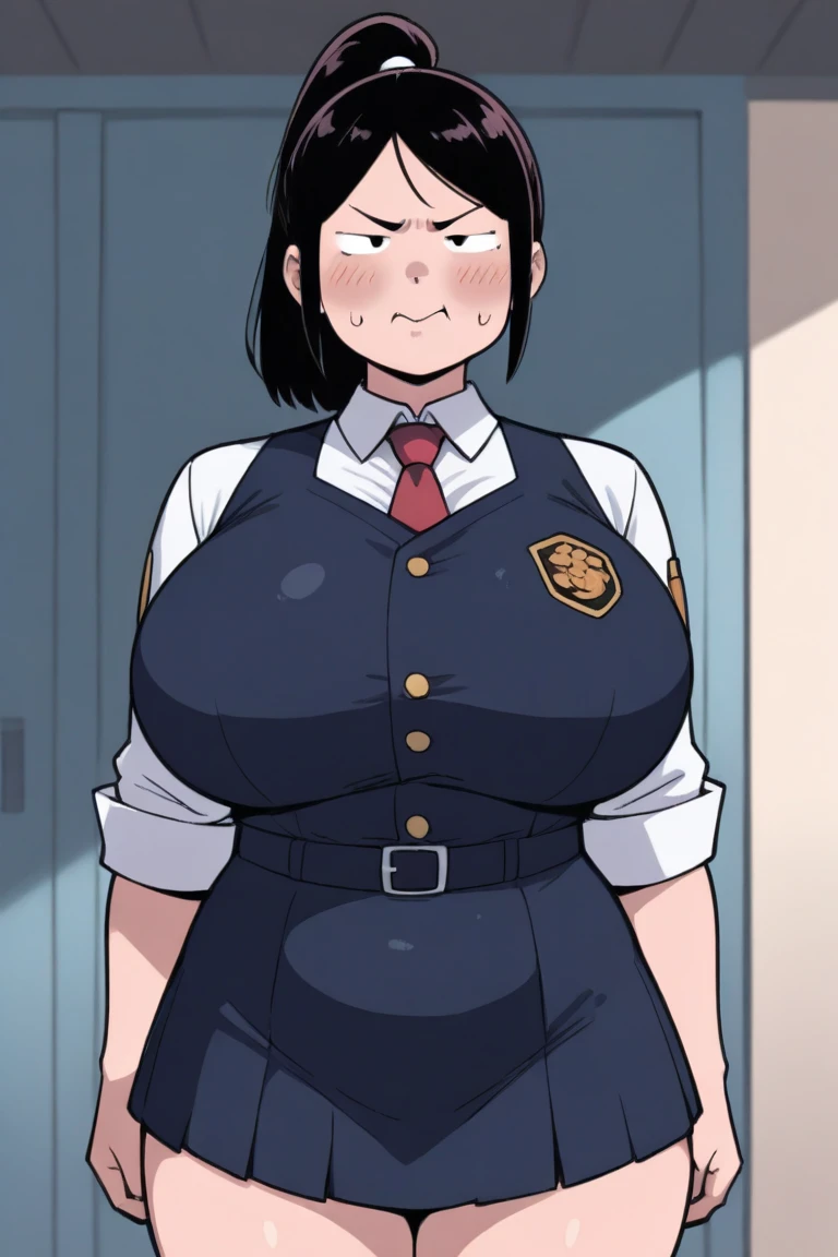 masterpiece, aphrodos, 1girl, dark skin, large breasts, wide hips, tall, mature, brown hair, long hair, police cap, red eyes, angry, angry eyes, police suit, shirt, pants, crossed arms, upper body, outdoor, city, <lora:aphrodos-final-v2:0.9>