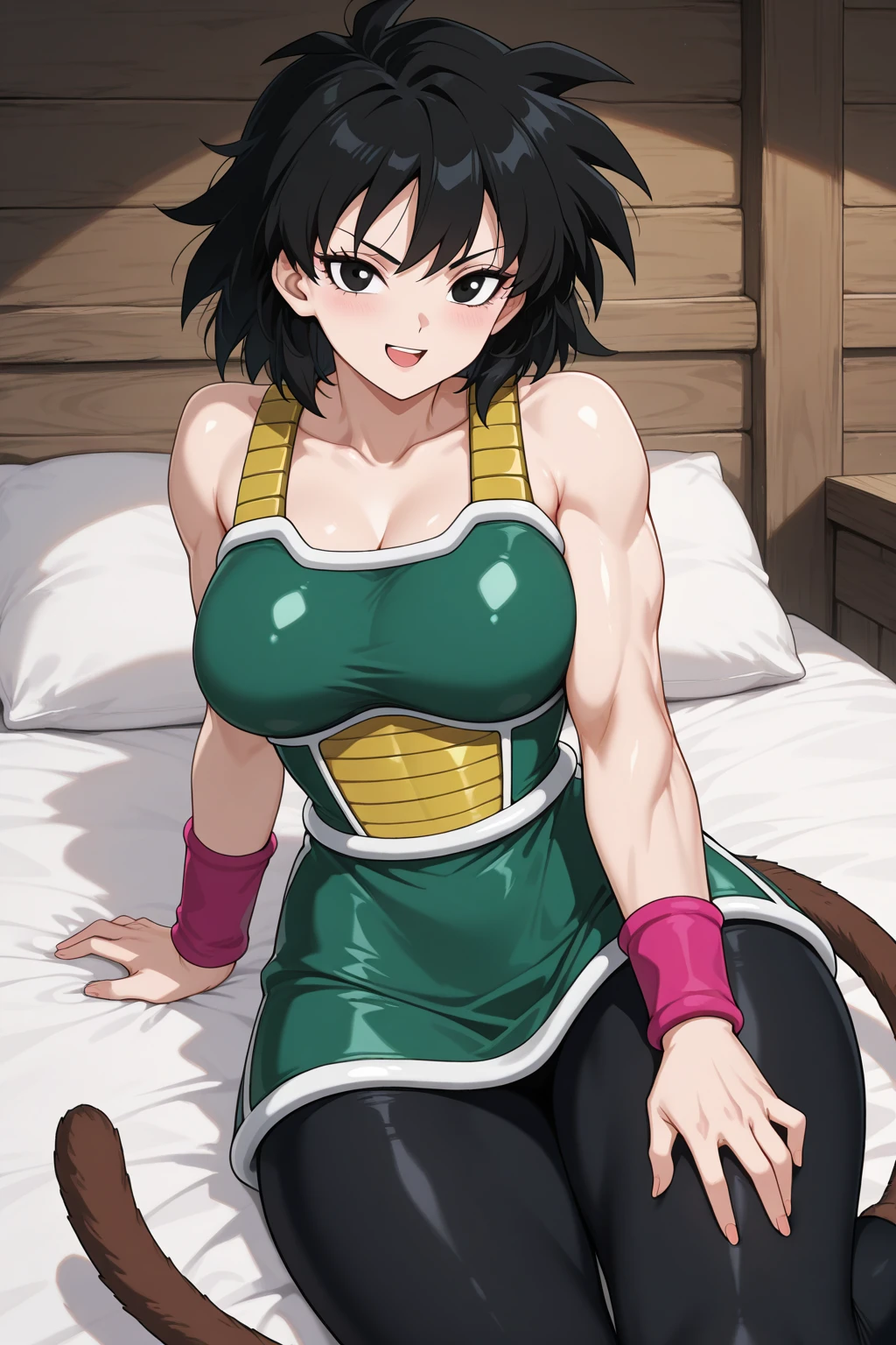 ((masterpiece)), ((best quality)), (detailed), perfect, solo, Chichi, DBZ, gorgeous woman with dragon ball micro bikini, luscious lips, black, short hair, huge , deep cleava booty, sexy, lying do (((shiny  breasts))), (((swreasts)))
