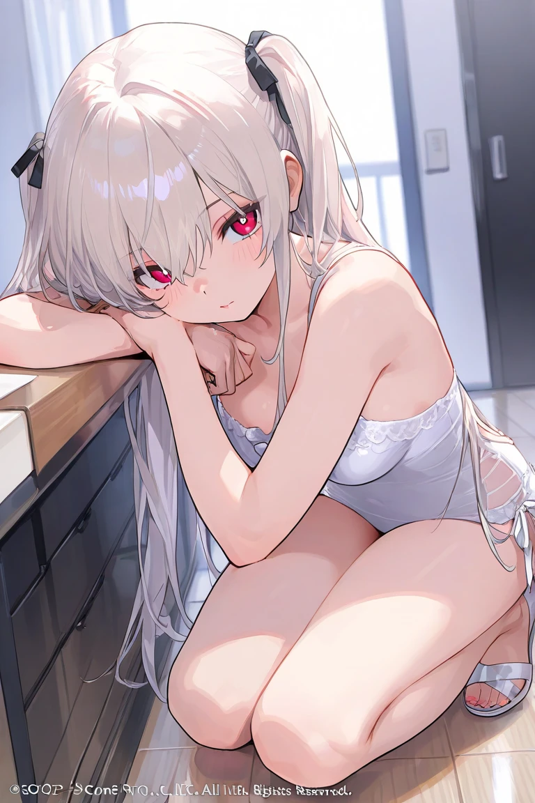 Keqing, (blushing face:1.3), ((white tanktop)), ((pink panties)),((condom on mouth)), sitting on bed, cowboy shot