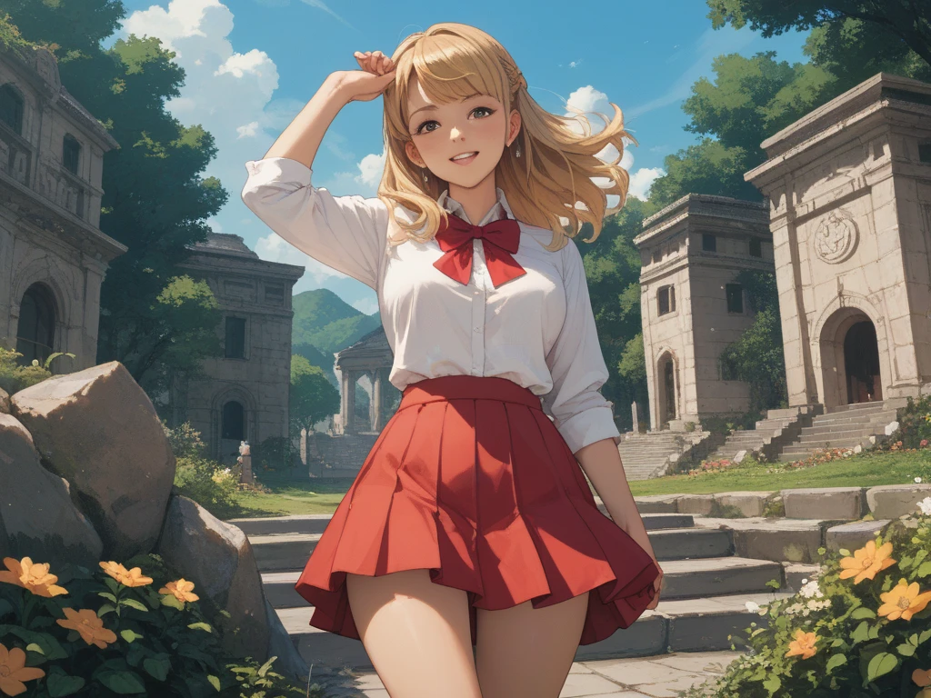 Pink gold golden hair、Red eyes、One good looking girl、solo、anime、Checkered mini skirt、The skirt has buttons、one piece、Blue camisole、White T-shirt、Long sleeve、China、Black knee-high socks、Wearing a ribbon、Ribbon on waist、Tilting face、Teeth are visible、tunnel、Sunset sky、The rocks are exploding、Penguins are walking、Snow is piled up、Rocky Mountain