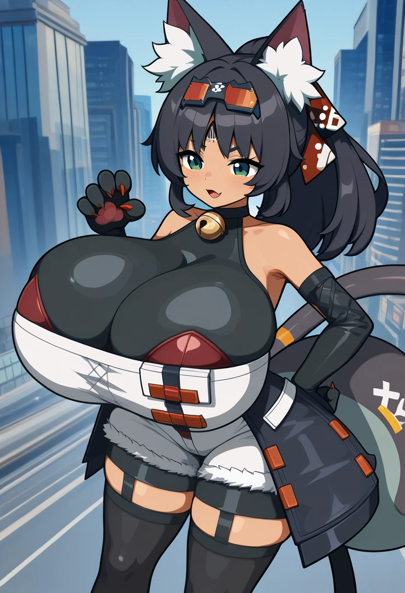 2in1 Oboro stands alone in a sci-fi city, Super huge big breasts breast enlargement blush shy smile full-body shot