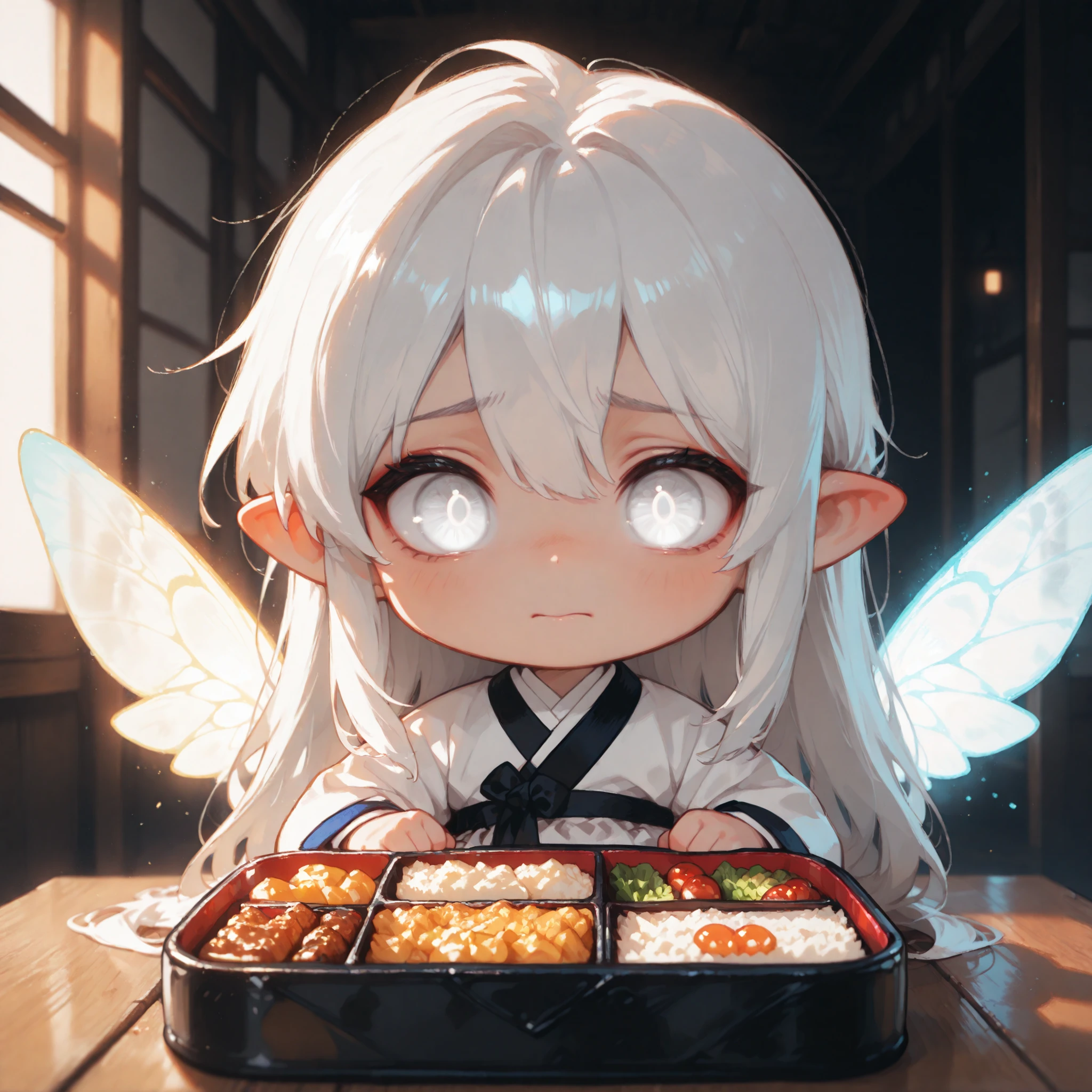 (masterpiece, high quality, ultra-detailed), chibi, solo, 1 boy, close-up, cinematic lighting, dramatic,
male fairy, handsome, long hair, hip-length hair, white hair, white eyes with black outlines, detailed eyes, soft smile, traditional korean male outfit, white hanbok with black point, softly glowing wings,
colorful lunchbox with charmingly shaped bites,
cozy bento style meal, worried expression, offering food to viewer