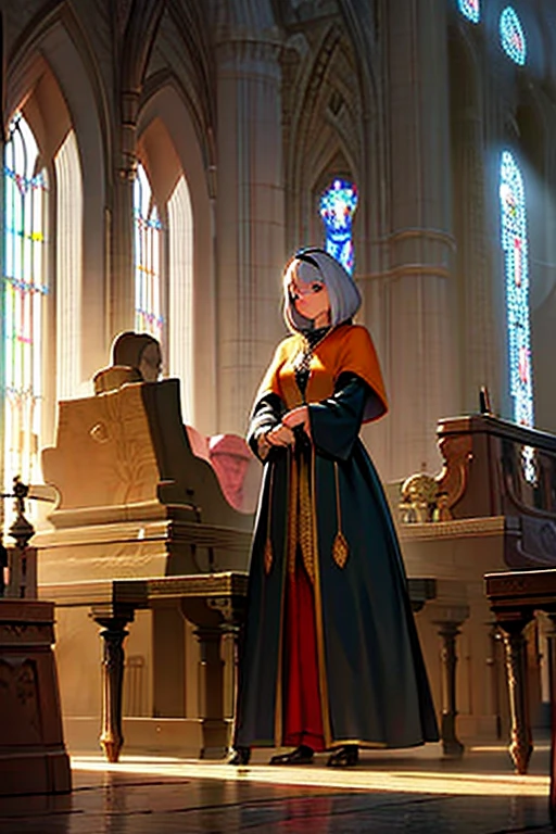 ((masterpiece)), ((best quality)), ((ultra-detailed)), illustration, a woman with white hair and golden pupils dressed as a priestess, a nun, wearing a long blue dress without any exposure, wearing White cloak facing the viewer, indifferent, mysterious, with a vast magical ocean in the background, fantasy