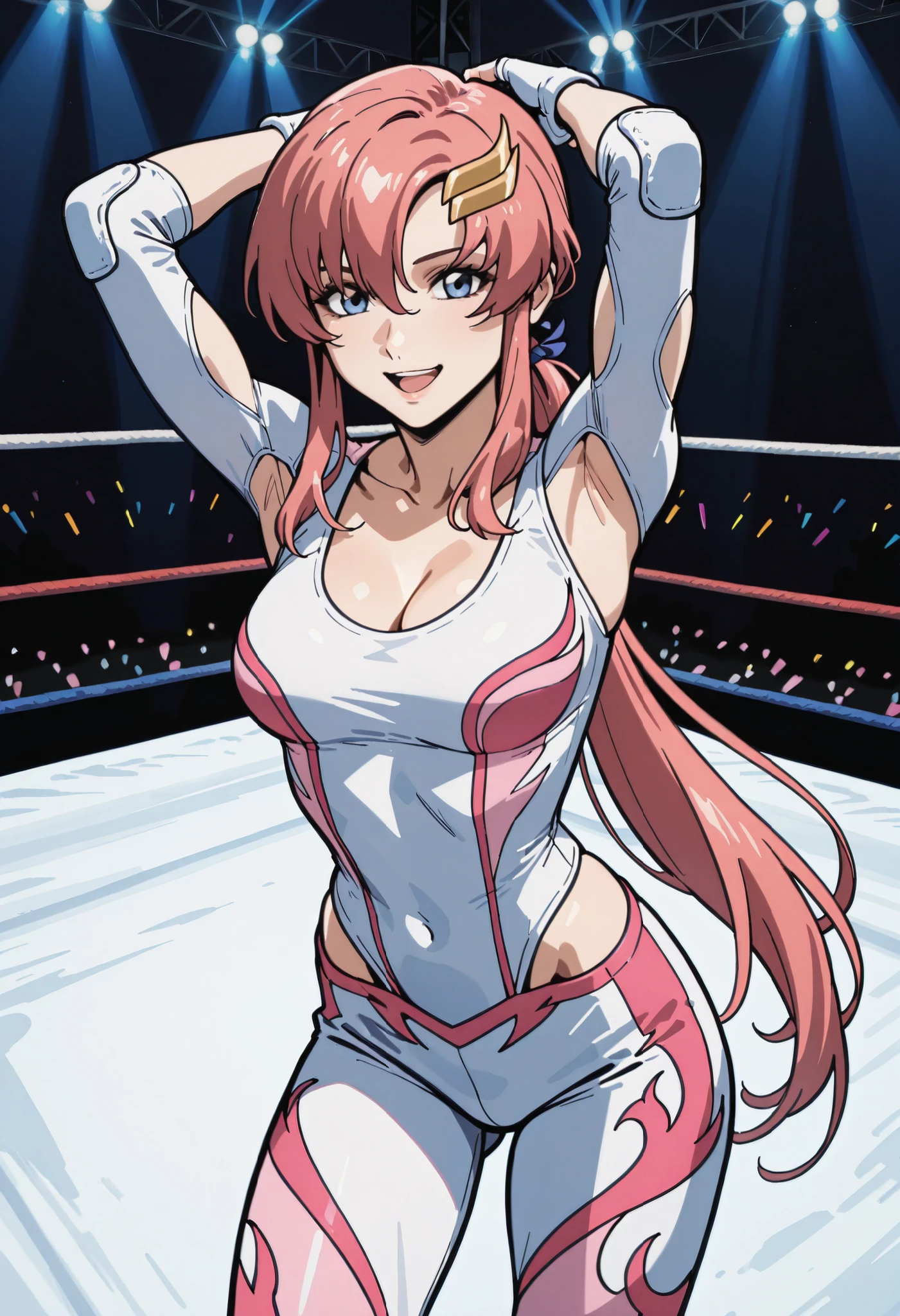 (((pink strapless wrestling outfit))), (masterpiece, , 4K, Best Quality, Anime style: 1.9,, Adult Woman, ultra detailed face, (cloud background, wrestling), Drawing lines, high resolution, Anime, lacus4), 1girl, Solo, curvy figure, Long hair, 鎖骨, scapular, (Detailed wide hair bangs, Hair Ornament, Detailed reddish-pink hair, golden crest), cleavage, large hands, (pro female wrestler). (Big blue eyes, shiny eyes), ((female wrestler, little biceps, slender body, broad shoulders, closed fists, closed mouth)), ((perfect proportions, medium breasts, cleavage, long belly)), (((pink wrestling outfit))),( looking at the viewer, happy),