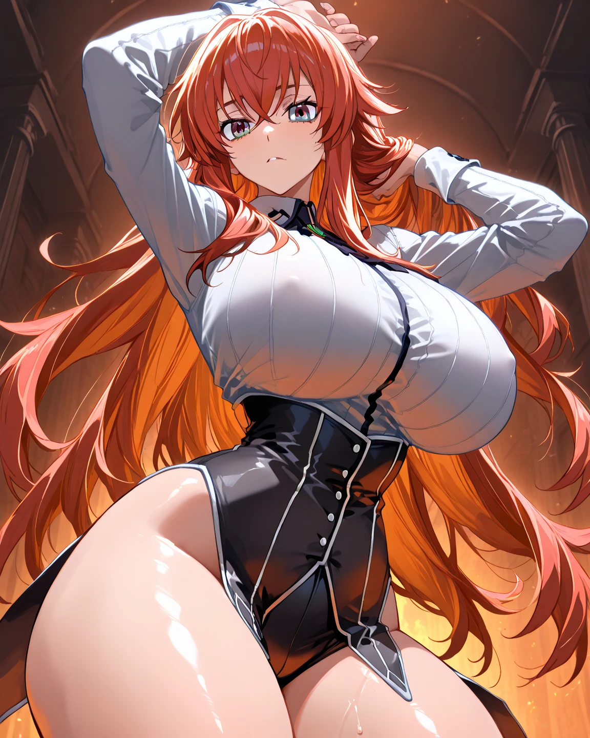 vampire girl, solo, red hair, very long hair, (big breast : 1.7), (wide hips : 1.5), (big butt), long legs, white gown, brown high heels, stand, full body