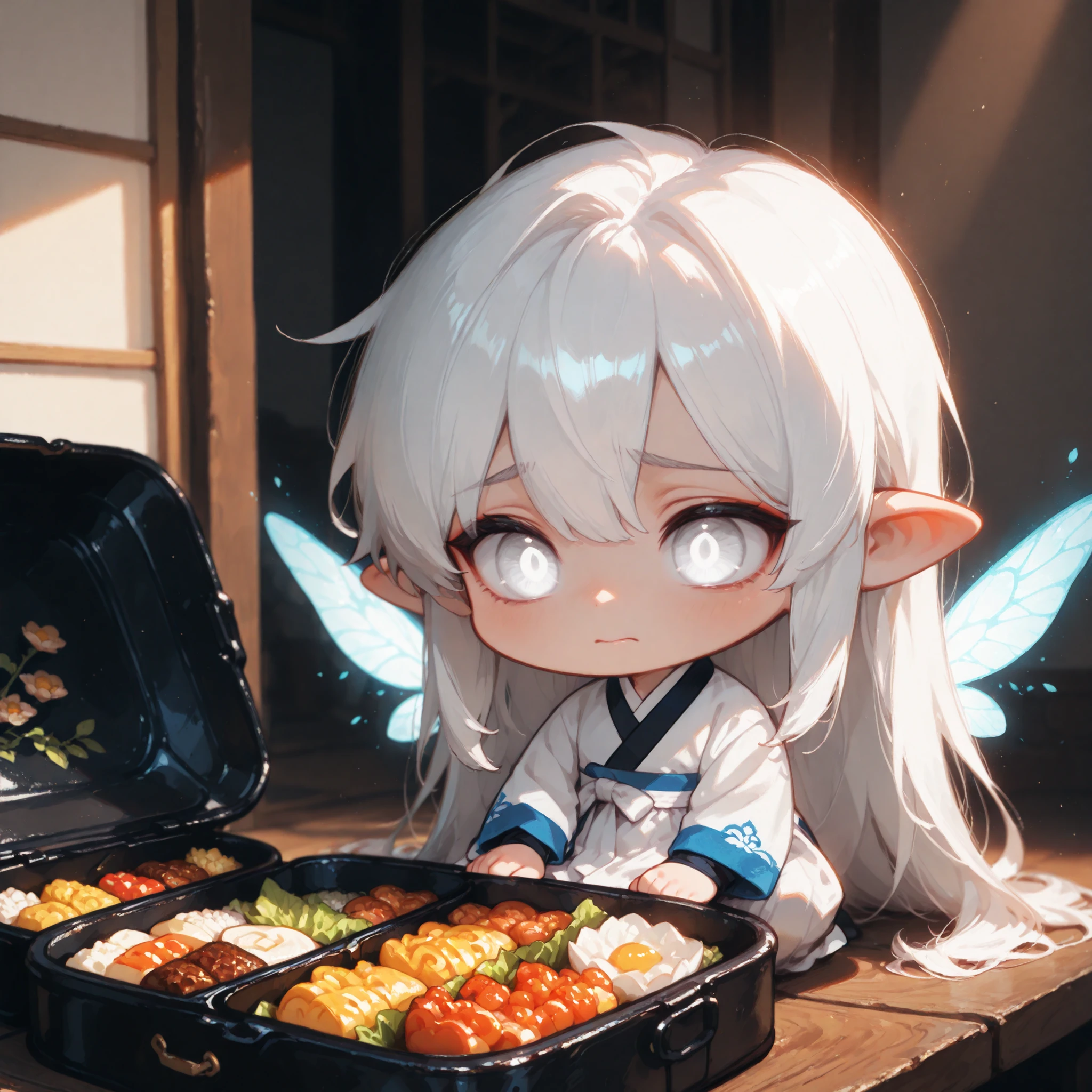 (masterpiece, high quality, ultra-detailed), chibi, solo, 1 boy, close-up, cinematic lighting, dramatic,
male fairy, handsome, long hair, hip-length hair, white hair, white eyes with black outlines, detailed eyes, soft smile, traditional korean male outfit, white hanbok with black point, softly glowing wings,
colorful lunchbox with charmingly shaped bites,
whimsically arranged side dishes, cozy bento style meal, worried expression, offering food to viewer