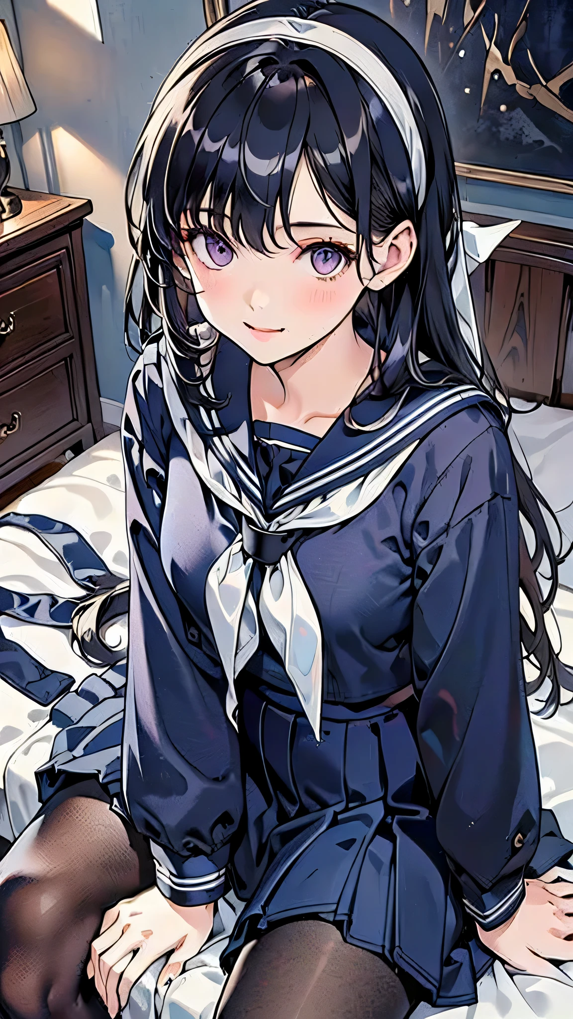 8-head body, (8k), (top quality), (masterpiece), (Ultra Fine), (realistic), (RAW photo) , (absolute resolution), dark haired, (dark blue sailor suit:1.4), (Dark blue skirt:1.4), animated 2D rendering, realistic若い女性, (white headband at the top of the head:1.4), purple eyes, small breasts, tall,hanging eyes, (Bedroom:1.4), (Black pantyhose:1.4), long straight hair, (sitting on bed:1.4), Smile Yan,