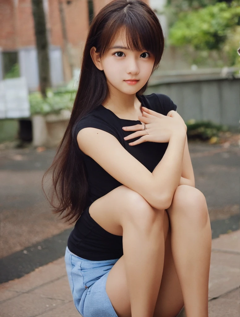 Top quality, 1 beautiful woman, ((Twintails)), wearing tank top, mini skirt, ((fair-skin)), sitting, shy smile, 30mm lens, f/1, Moody Lighting, at Futuristic cyberpunk city