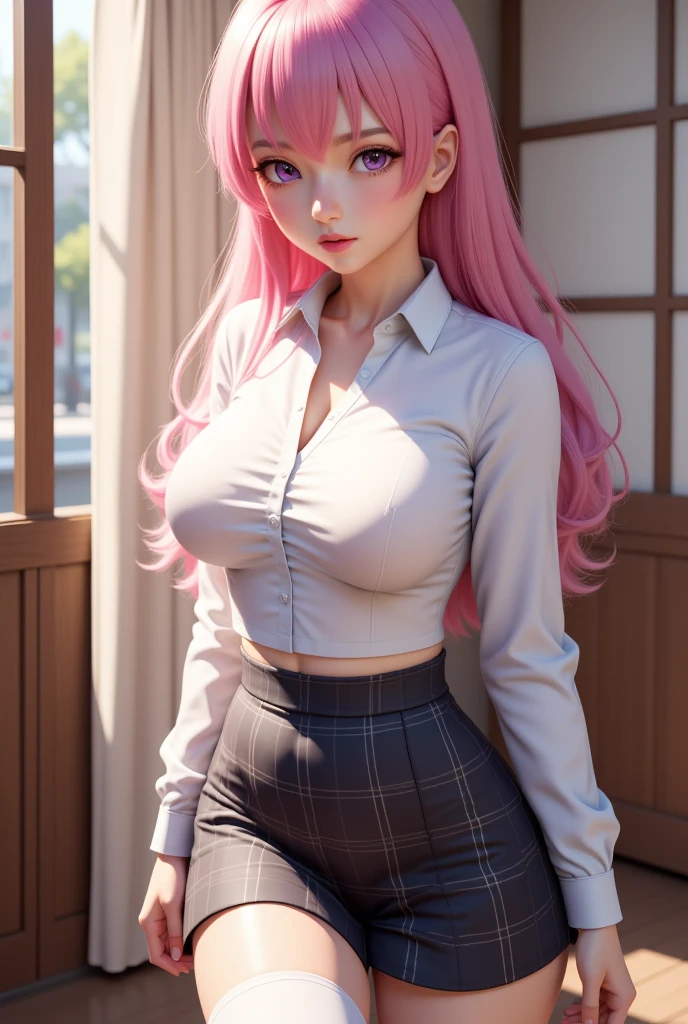 (best quality, ultra-detailed, photorealistic: 1.39), bright and vibrant colors, studio lighting, romantic expression, An effeminate girl, with a delicate and beautiful face. has a thin body, but well designed, your skin is white and very pale. her hair is pink, likes to wear makeup, ((Wear a black choker)), outfit emocore, schoolgirl long sleeve blouse, schoolgirl pleated skirt, in the park, sitting on the lawn with flowers, coast on the cherry tree, beautiful cute gesture