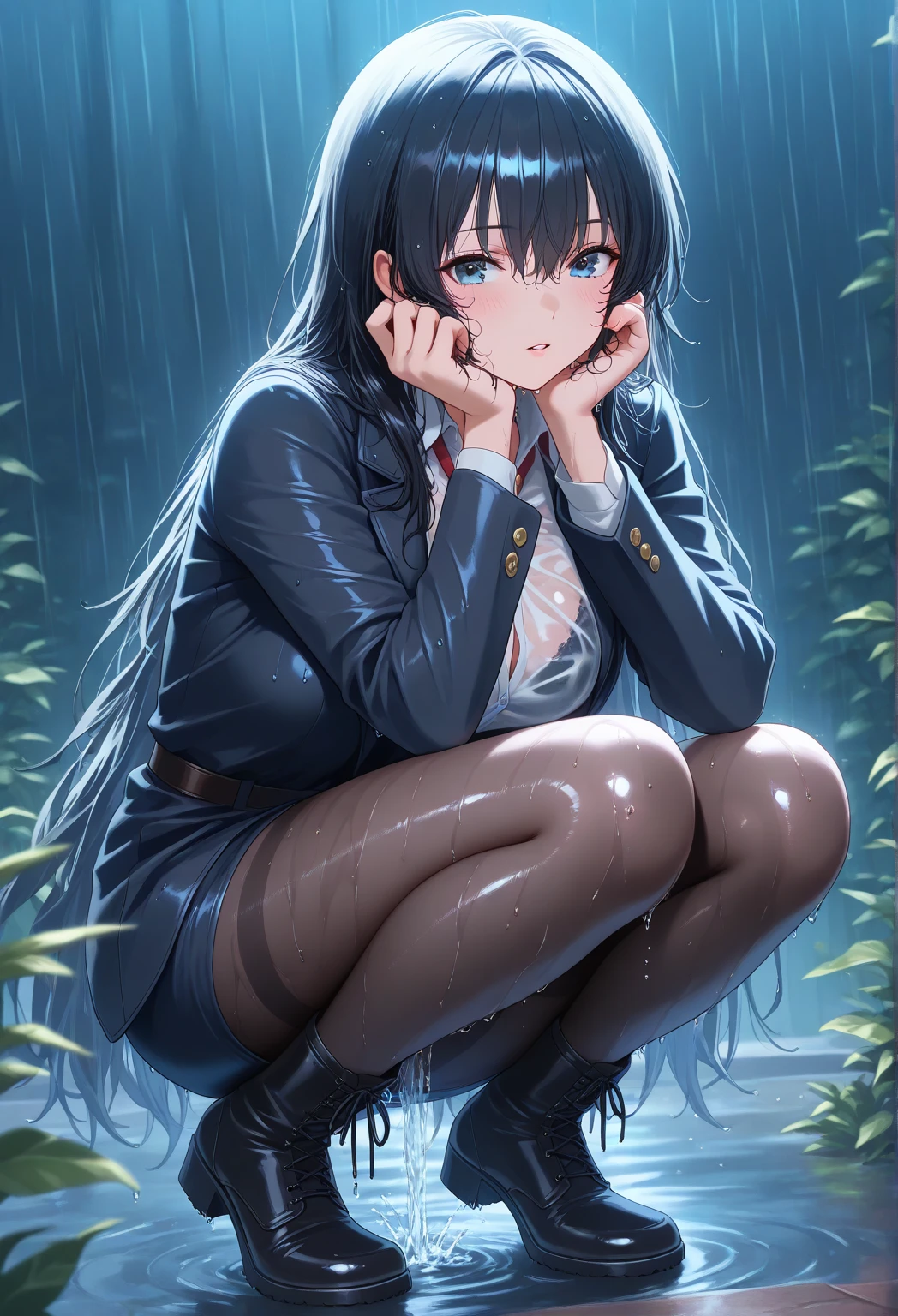 A crying school girl, high , long black hair, light blue eyes, sitting on a bench, holding an umbrella, wet from the rain, rain droplets, light reflections, puddles, street lamps, full body, best quality, 4k, 8k, highres, masterpiece:1.2, ultra-detailed, realistic, photorealistic:1.37, HDR, studio lighting, ultra-fine painting, sharp focus, physically-based rendering, extreme detail description, professional, vivid colors, bokeh, portrait