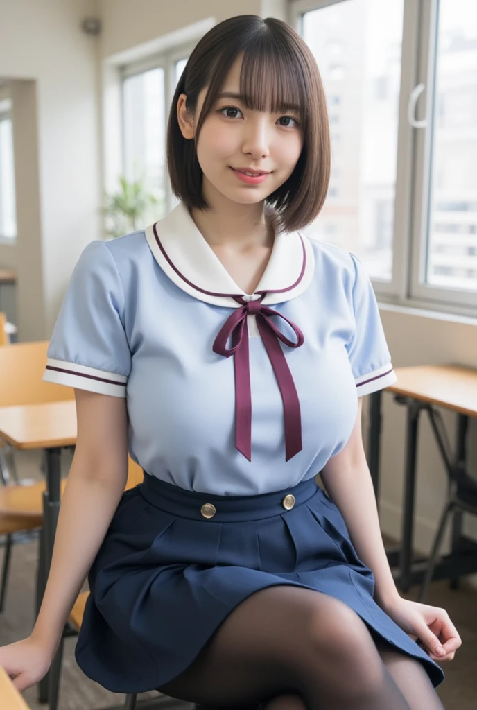 top-quality,ultra-detailliert,masterpiece,realisitic,Photo Real,Bright lighting,1 girl in, an extremely beautiful 17-year-old girl, (kawaii:1.2),Thin smile, (Brown eyes),(brown haired),(bangss),perfect glossy skin,flawless skin,((erotick,Sexy and sexually explicit)),((accurate hands without incongruity)), large full breasts,big breasts thin waist, Look at viewers,((a sailor suit)),((Short sleeve uniform white shirt)),(red necktie),(((Blue Mini Pleated Skirt))),(((skirt lift by yourself))),(lifted by self),(Showing panties),panties on,panties focus,((Sit up,spread legswide)), sockes, (Black knee socks),(Loafer shoes), during daytime,On the train,Horizontal long seat with your back to the window