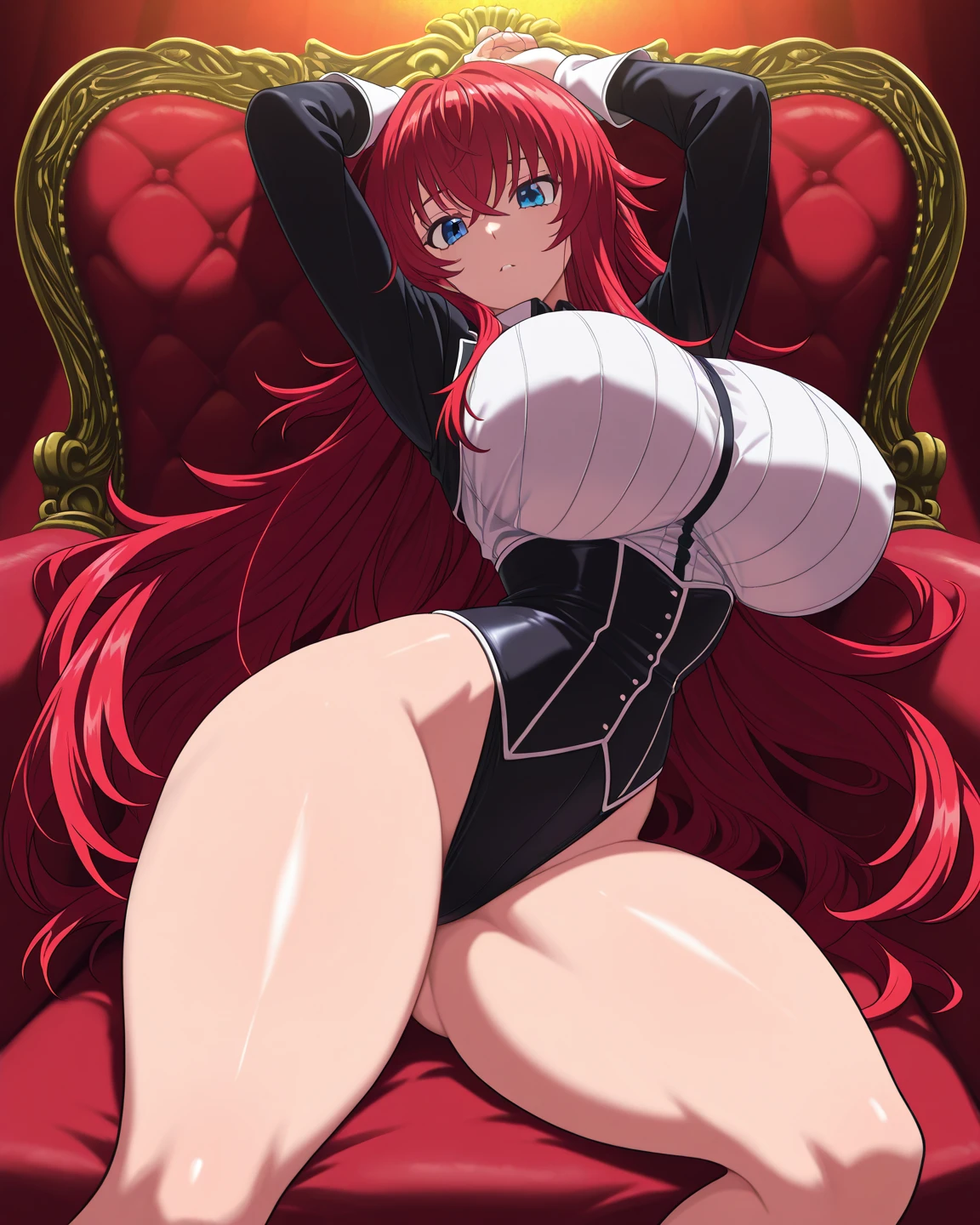 sysdeep_rias, 1girl, solo, looking_at_viewer, blue_eyes, large_breasts, hair_between_eyes, very_long_hair, red_hair, huge_ahoge, sitting, throne, head_rest, open_legs, pussy, black_dress, latex_dress, fishnet_stockings, high_heels, from_below, cum drip, cum in pussy