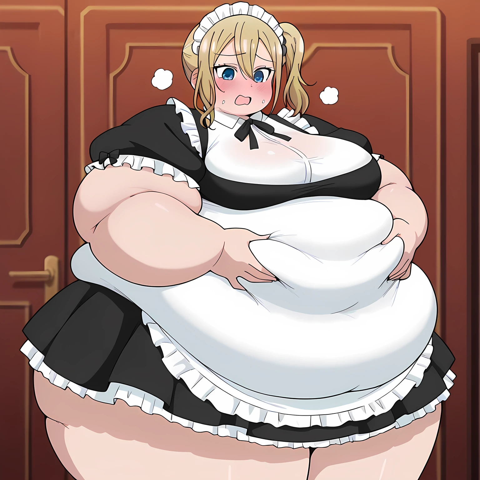 masterpiece, best quality, amazing quality,, 1 girl, solo, Hayasaka Ai, blond hair, blue eyes, , mature female, breasts, anime screencap,, , blush, wearing maid costume, looking down, cowboy shot, , ,fat, chubby, obese, gigantic arms and legs, large breasts open mouth, out of breath, puffy cheek, rubbing belly, from above, hands on belly,
