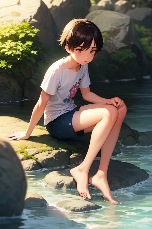 A 13 year old boy under a tree, con short pegado, top corto, rasgos finos, piel blanca, blue eyes light brown hair, very light brown eyes barefoot, piernas fuertes