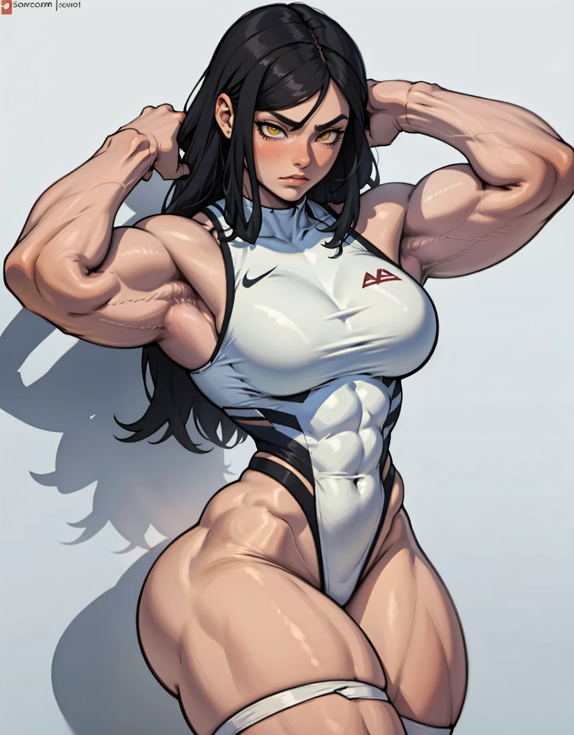 pale (((muscular girl toned body large breasts thick perfect anatomy))) yellow eyes black hair best quality