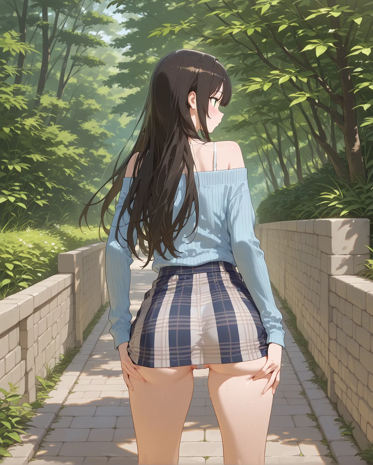 animese anime girl in skirt and blouse, walking up the stairs, 1girl, stairs, skirt, brown hair,long hair,solo, grey skirt, ((((long skirt)))),school uniform, pleated skirt,(((covering ass))), blush, long sleeves, bangs,(( low angle from behind)),full body,White panties,bag,clothes tug, skirt tug, 