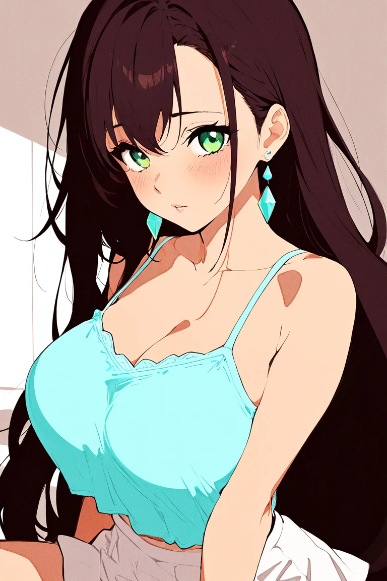 Boku No Hero Academia Template
A girl with long black hair, very black, but their tips are light green, her eyes are completely black but her pupil is red, her skin is fair but slightly tanned, Her breasts are big, not too much, but they are big, she is sitting on top of a table and her expression is serious 