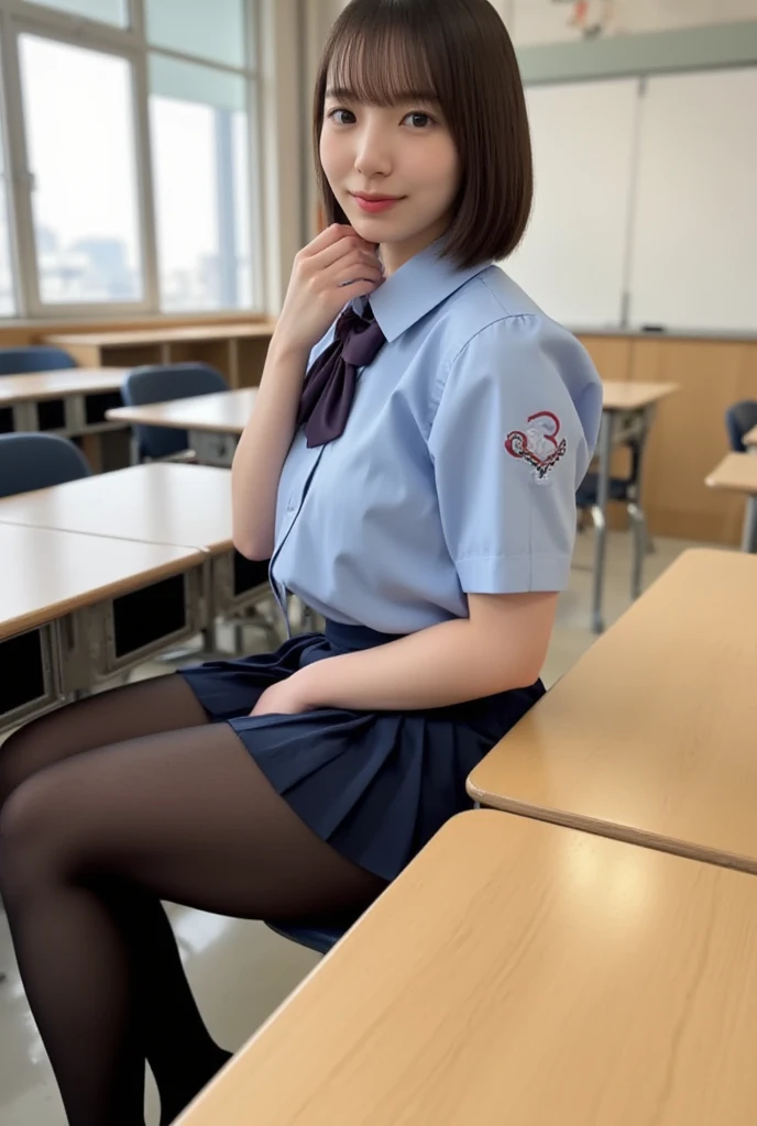 School classroom、(RAW photo, highest quality, masterpiece: 1.2), (photo: 1.4), 2girls,  shoes, cute Japanese face,bob cut hair, ((9 years old face, baby face)), (Slender body type)、(gigantic) (((topless))),(((Nipples are visible)))、chest, cleavage), (uniform, short sleeve, side tie panties,super short plaid skirt, skirt lift,miniskirt, thicc thighs, slender legs, ((White Knee-high stockings)), school loafers), standing pose, line of sight (smile)
