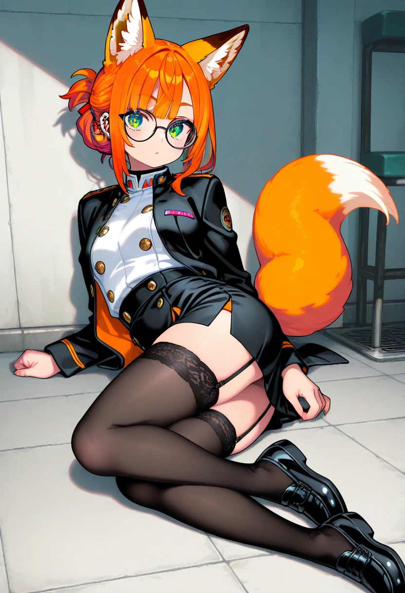 1girl, (skinny), medium breast, cat tail and ears, short red-orange fluffy hair, (swept bangs), heterochromia eyes, eye1 blue, eye2 green, (black violet plugsuit), boots, half-open eyes, half-open mouth, no smile, blushes, masturbation through clothing, fingering self, grabbing own breast, clitoral stimulation, sits on a chair, background kitchen, half body