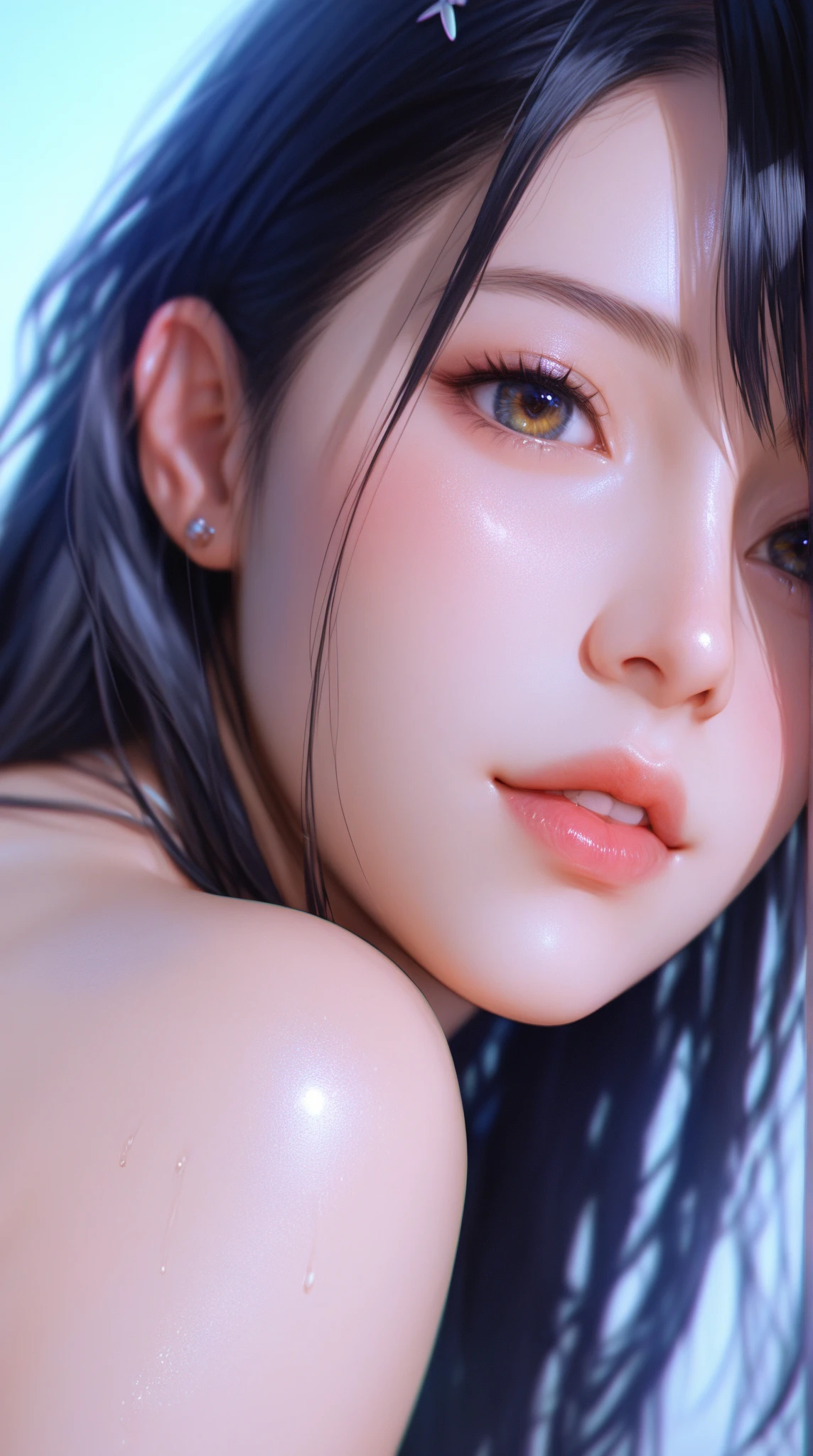 girl 、high quality, Super detailed, crazy details, In 4Kの品質 (cinematic digital artwork: 1.3), high quality, muste piece, top quality, super detail, illustration, [4K Digital Art]、 lndswgnr, (Tits sharp focus: 1.5), (mood lighting:1.2), Depth of the bounds written, It&#39;s blurry, In 4K 、high resolution, Super detailed細, Highly detailed CG Unity 8K wallpaper, Reality, photorealistic, Raw photo, 美しいdetailed face, pale skin, Realistic glowing skin, detailed cloth texture, detailed hair texture, perfect body, pretty face, Accurate, anatomically correct, highly detailed face, eye and skin texture, natural neck length, (beautiful eyes), (beautiful hands), (shiny skin:1.2), slim legs, thin feet, detailed person、detailed face、detailed background、 (Live-action、elaborate details)、(((dripping sweat、oil skin,sparkling skin、realistic skin texture、detailed beautiful skin、shiny skin、shiny skin)))、black brown skin、Black shiny hair
