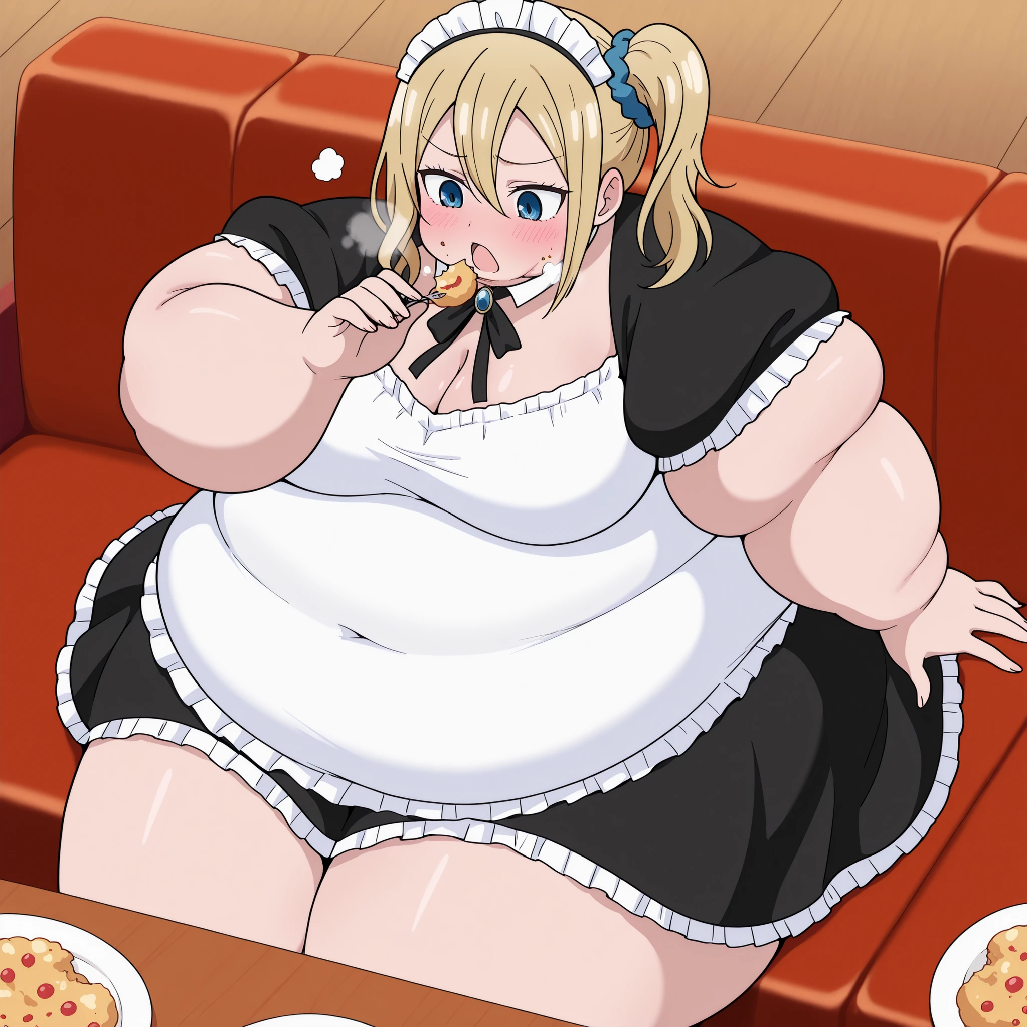 masterpiece, best quality, amazing quality,, 1 girl, solo, Hayasaka Ai, blond hair, blue eyes, , mature female, breasts, anime screencap,, , blush, wearing maid costume, looking down, cowboy shot, , ,fat, chubby, obese, gigantic arms and legs, large breasts open mouth, out of breath, puffy cheek, from above, sitting on a couch, showing feet, eating food, in front of tones of food, table, food in mouth,