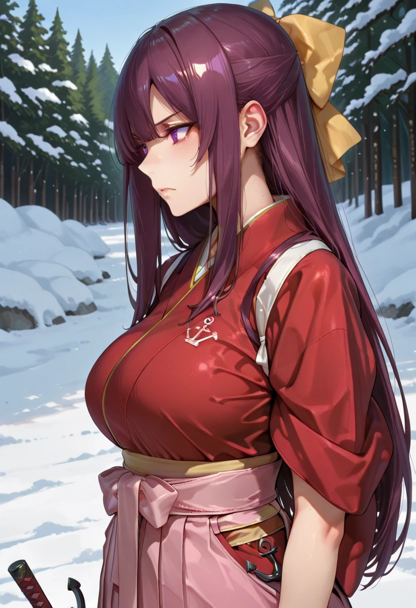 (masterpiece, best quality, detailed), 1girl, solo, looking at viewer, <lora:FernV2:1>, FernFrieren, purple pupils, long hair, half updo,
(samurai), japanese armor, kusazuri, sode, kote, sheath, japanese clothes, hakama, outdoors, winter, mountain, snow, bare tree, scenery, kneeling, hand on own chest, closed mouth
